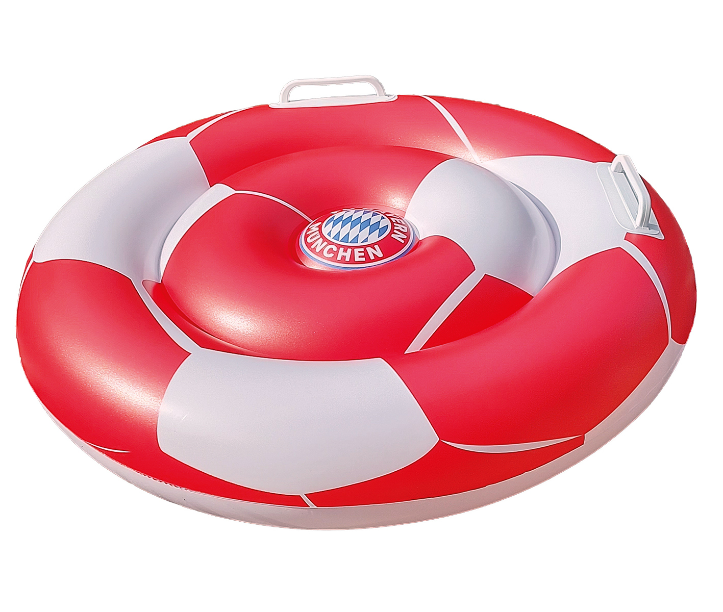 Roter und weißer aufblasbarer Ring mit Griffen und einem Logo. Isoliert auf Weiß.