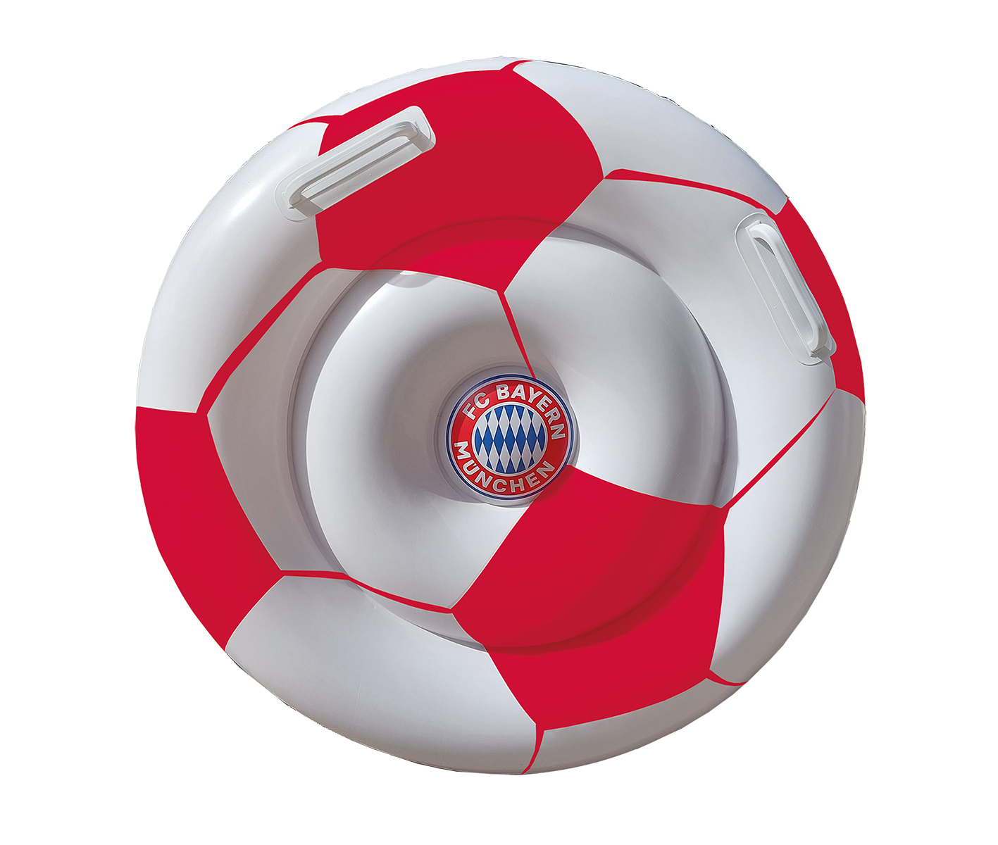 Ein weiß-roter, fußballförmiger, aufblasbarer Pool-Schwimmer mit dem FC Bayern München Logo.