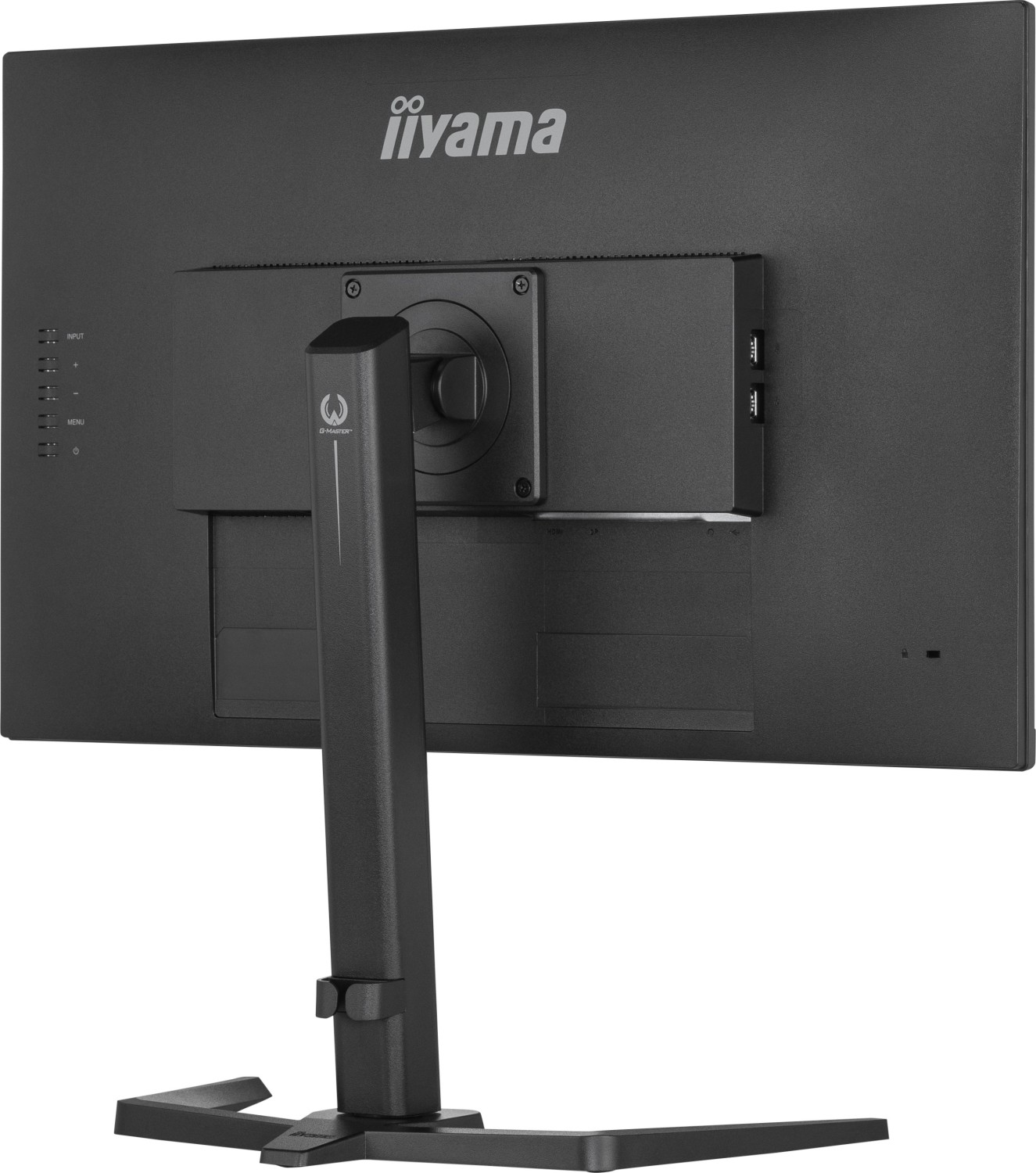 Tył czarnego monitora komputera z wieloma portami i podstawą. Widoczne logo iiyama.