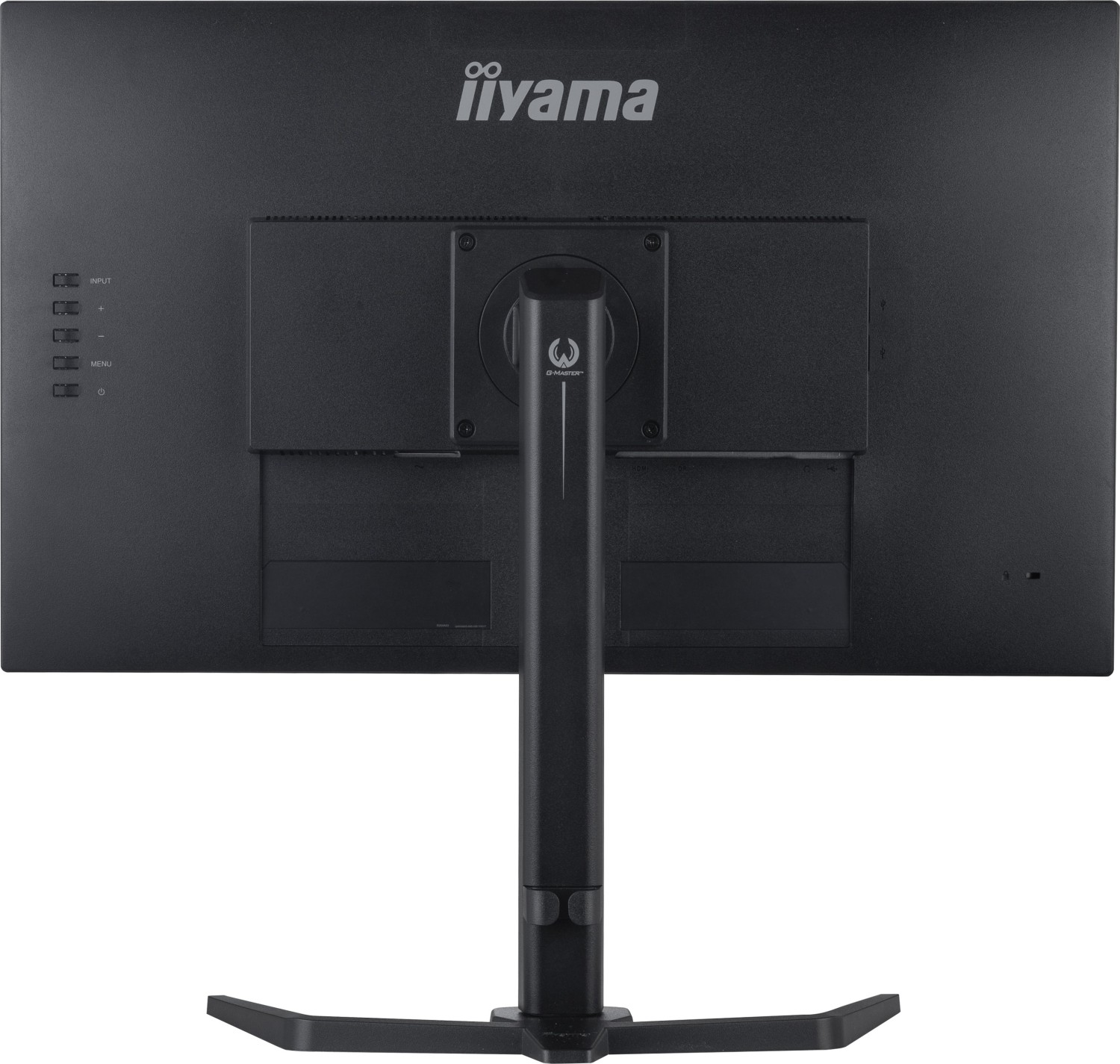 Widok z tyłu czarnego monitora komputerowego z logo Iiyama, podstawką i przyciskami wejścia.