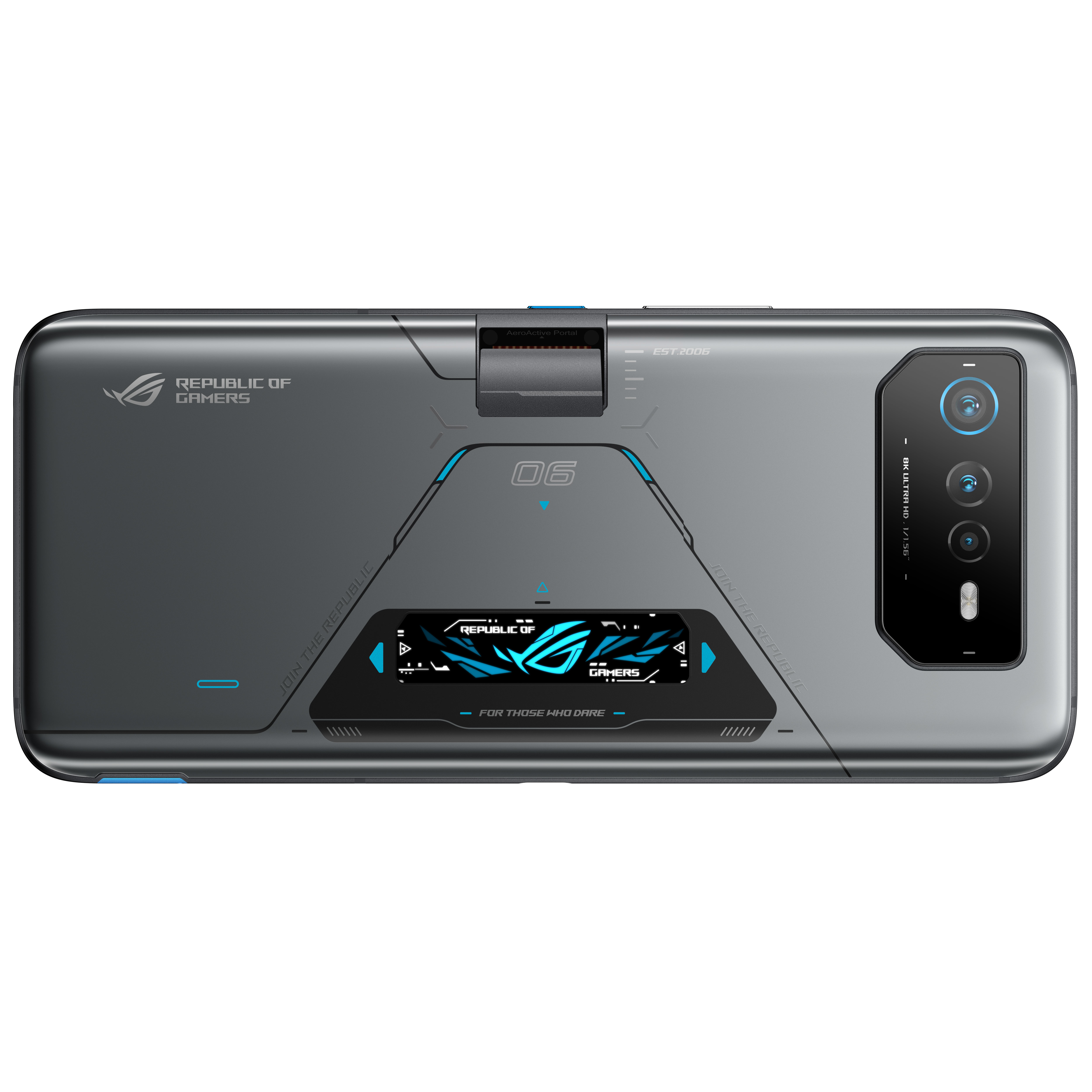Szary telefon ROG, widok z tyłu, z ekranem, aparatami i marką. Projekt zawiera niebieskie akcenty i logo.