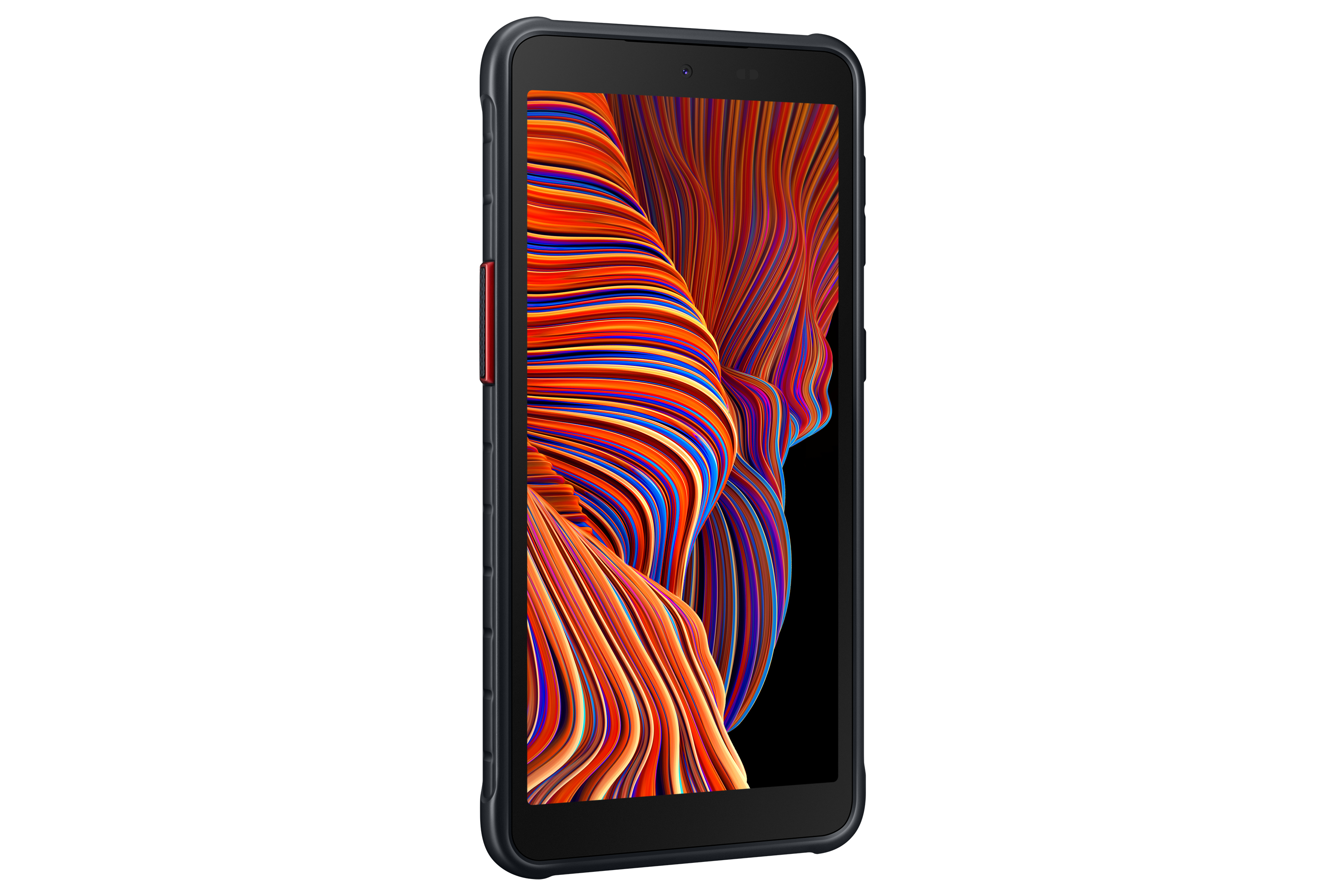 Schwarzes Tablet mit Schutzhülle. Der Bildschirm zeigt ein farbenfrohes abstraktes Design.