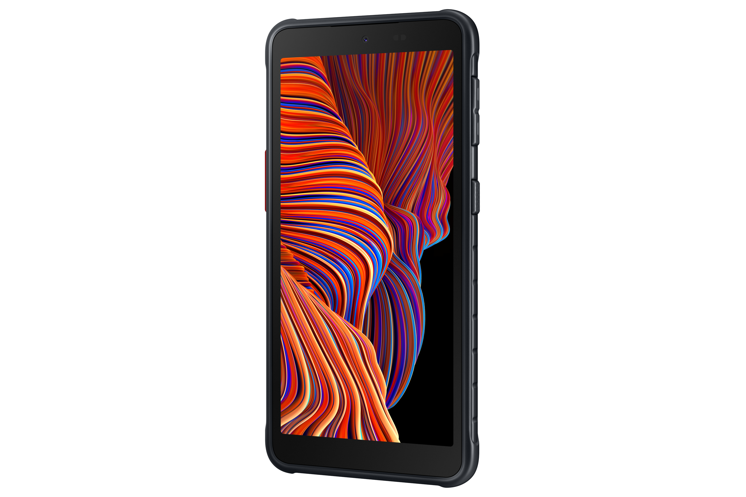 Schwarzes Tablet mit bunter abstrakter Kunst auf weißem Hintergrund.