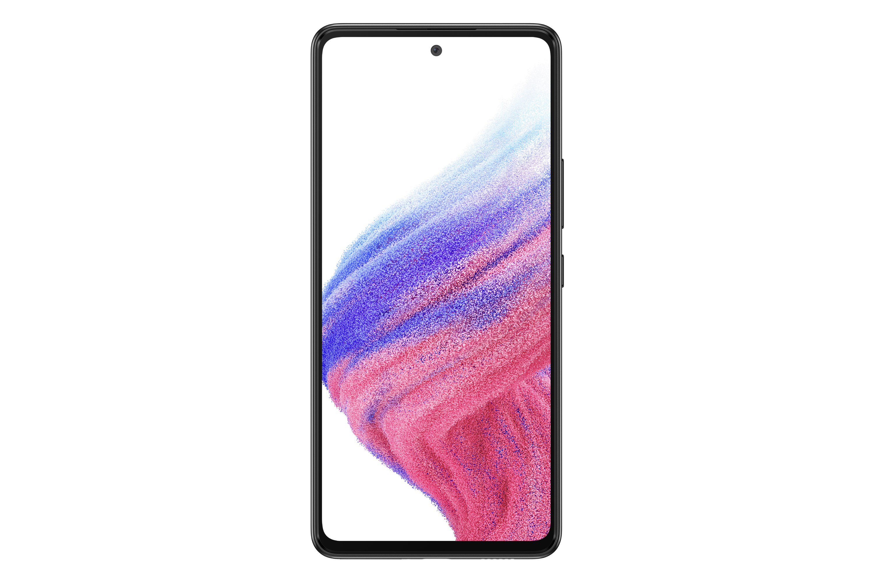 Czarny telefon Samsung z kolorowym abstrakcyjnym tłem na ekranie, na białym tle.