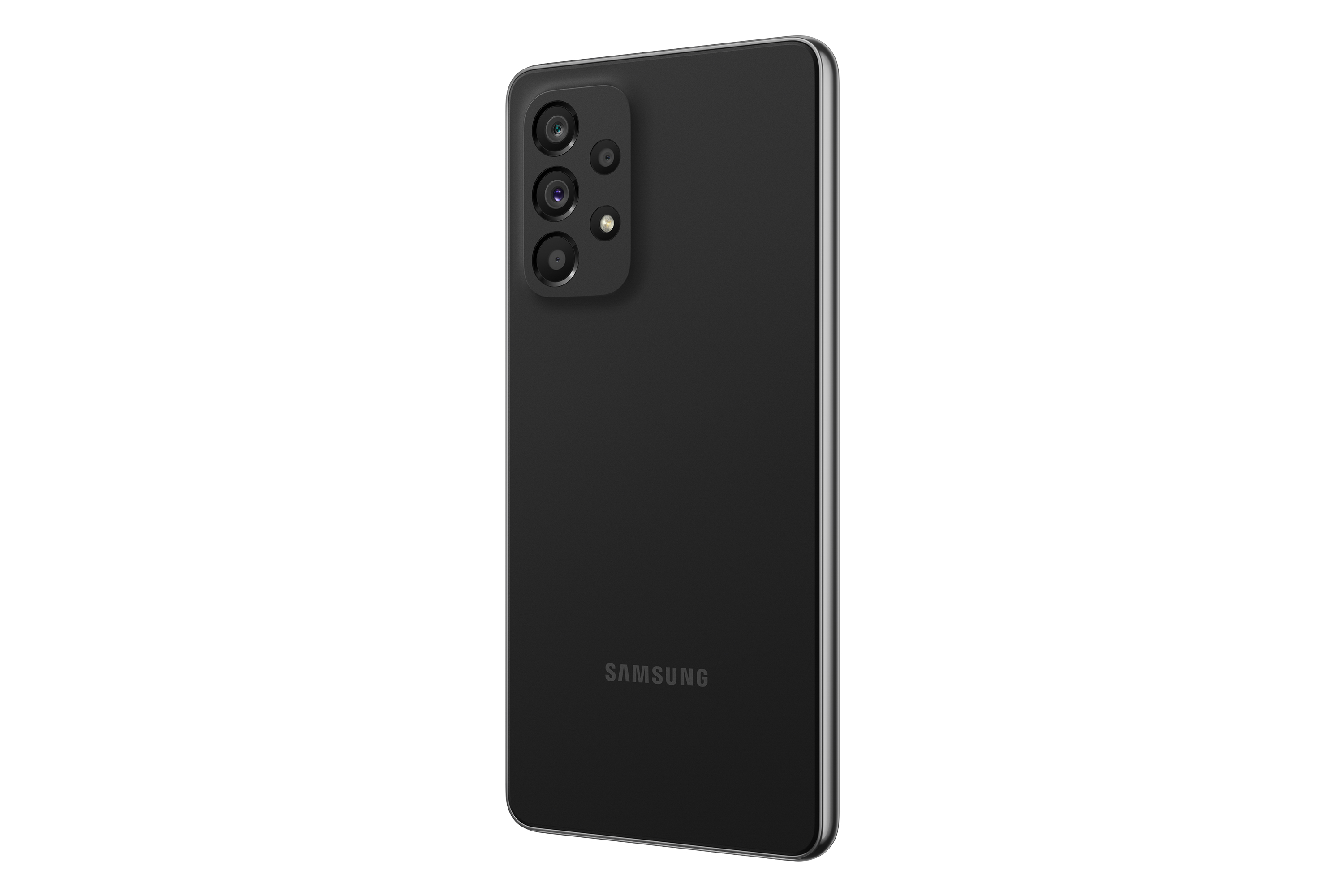 Czarny telefon Samsung, widok z tyłu, na białym tle. Widoczne są trzy aparaty.