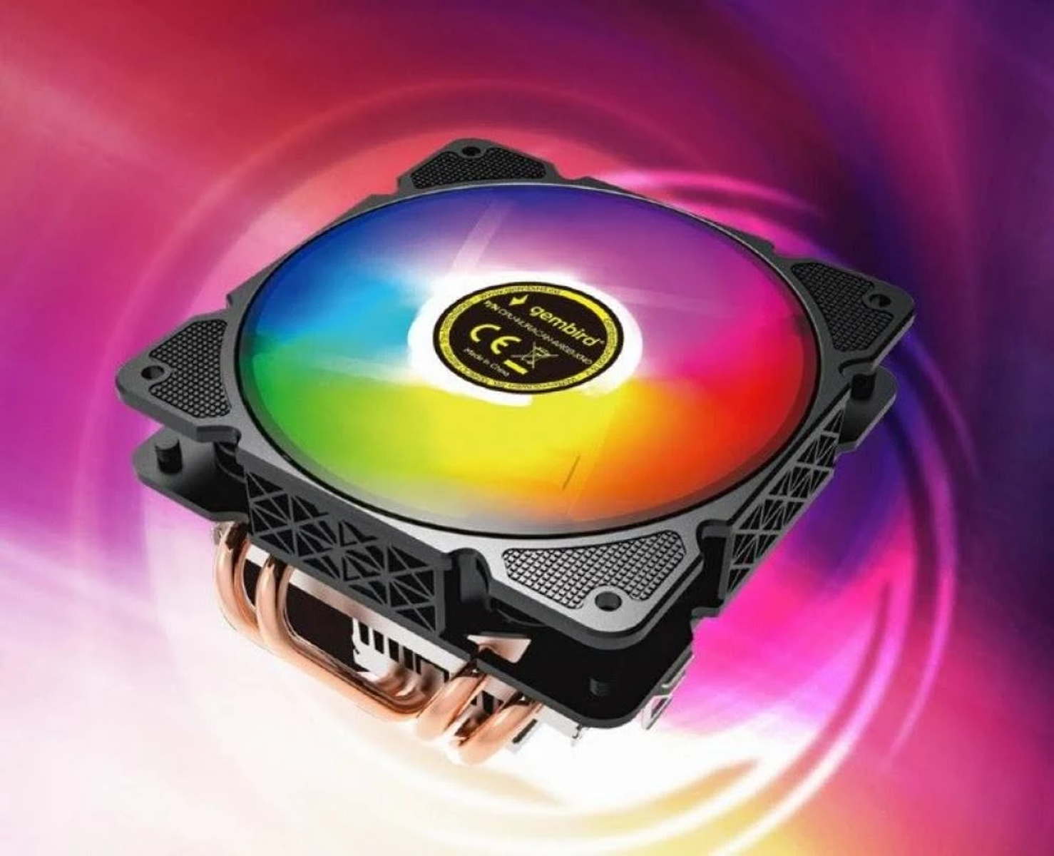 A CPU cooler with a rainbow-colored fan and copper heat pipes.