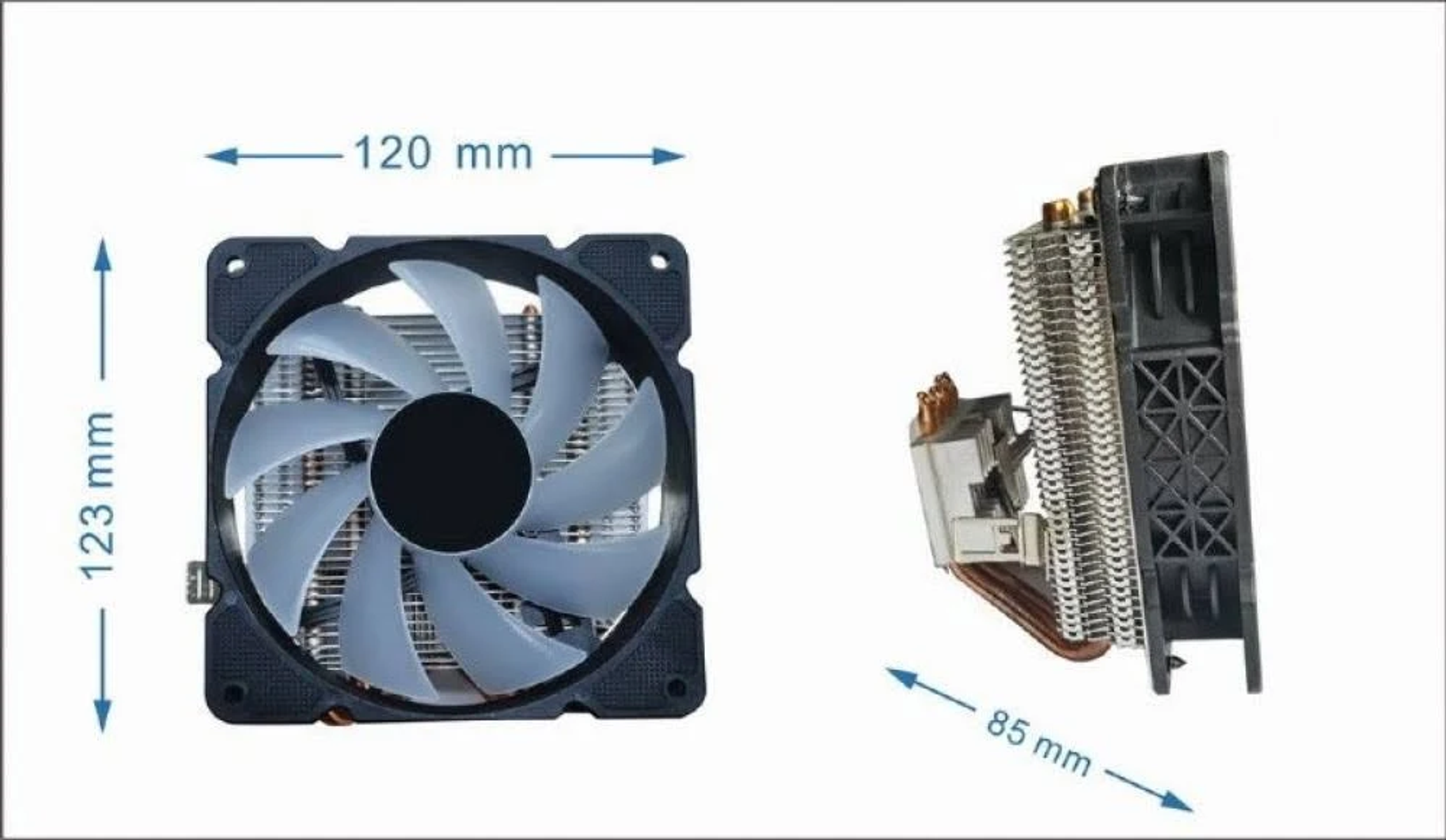 Computer cooler with fan. Side view and front view with dimensions on a white background.