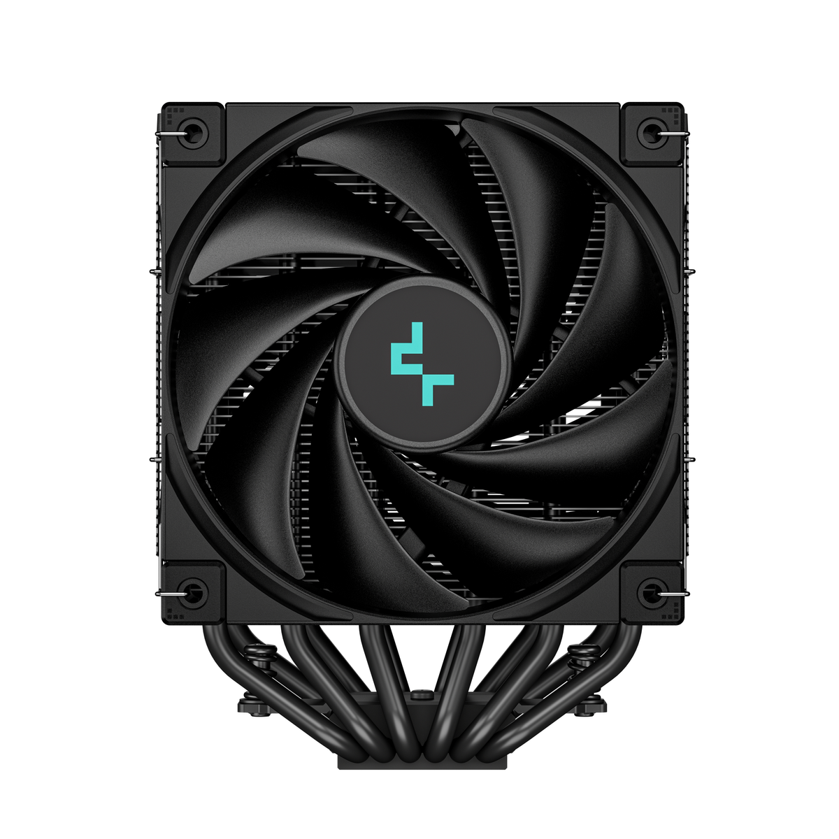 Czarny cooler CPU z centralnym logo i wieloma żeberkami. Wygląda jak turbina.
