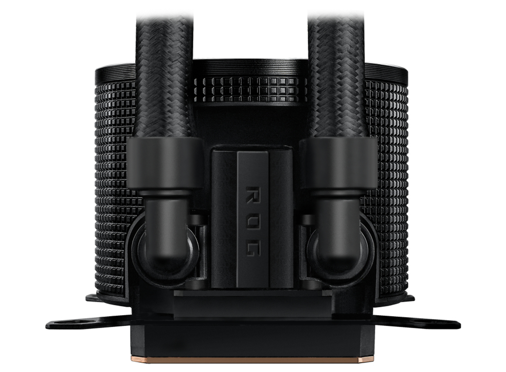 Czarny cooler CPU ROG z rurkami i teksturowaną obudową zewnętrzną.