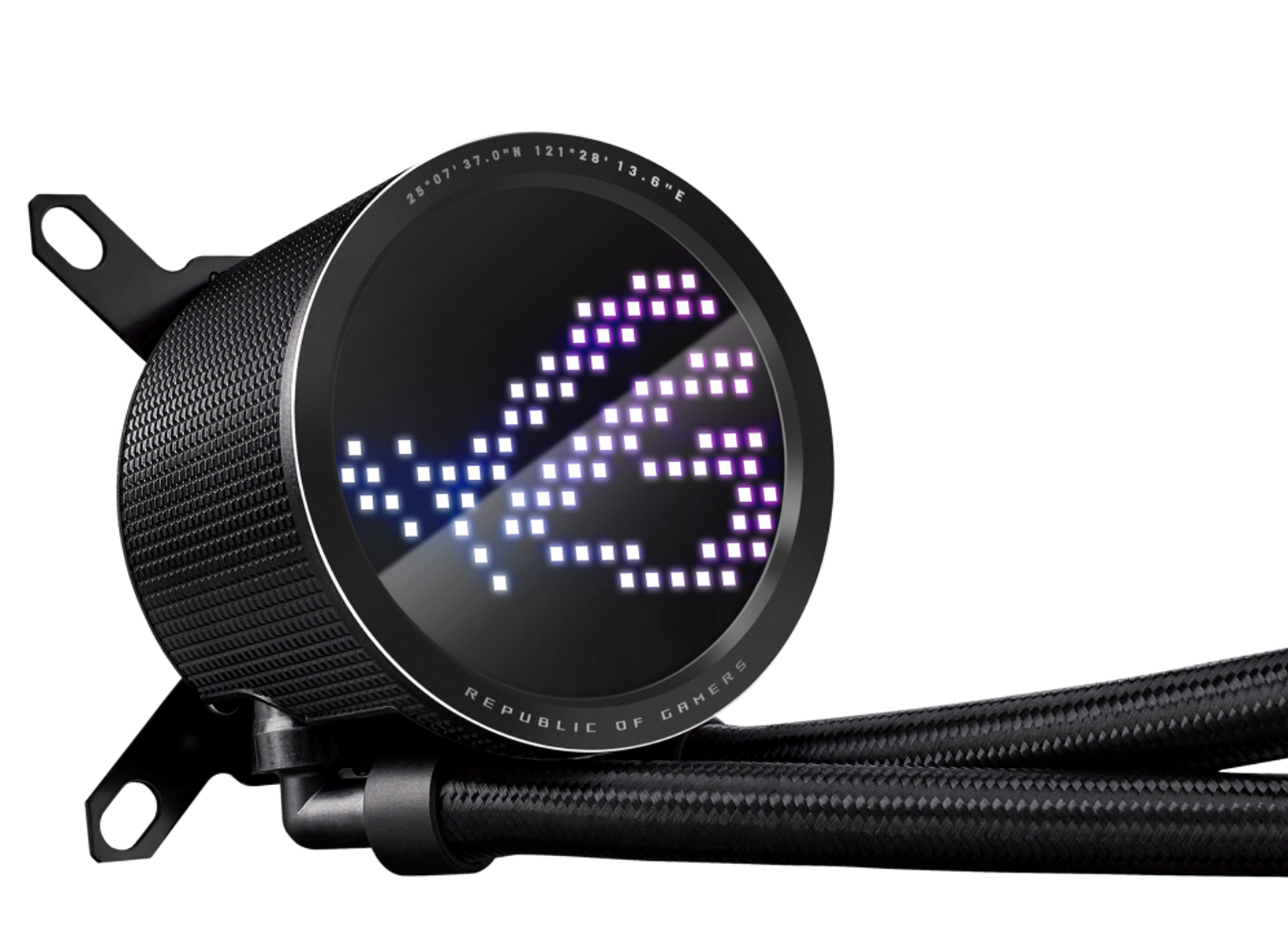 Chłodnica cieczy ROG CPU z czarnym korpusem i okrągłym ekranem.