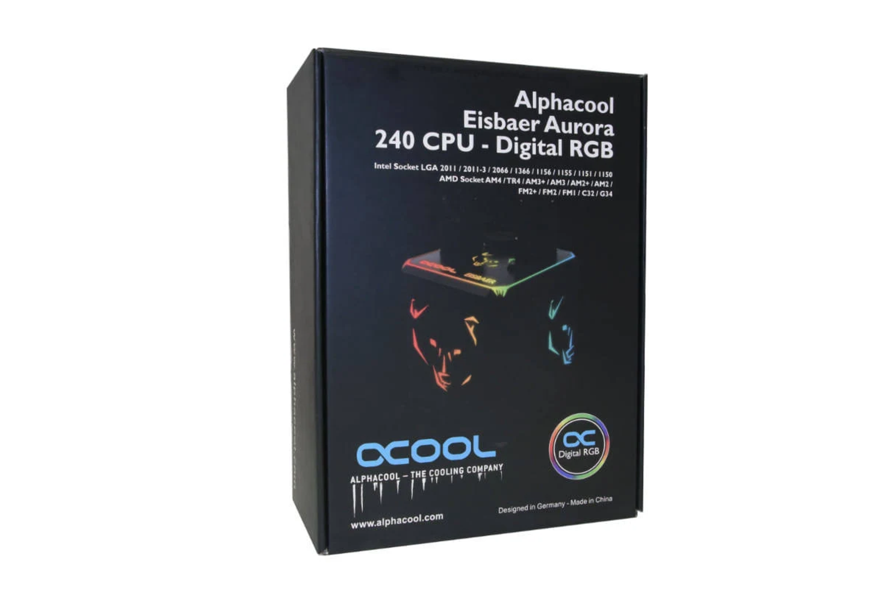 Una scatola nera con testo, un dissipatore e il logo Alphacool. Contiene un dissipatore per CPU.
