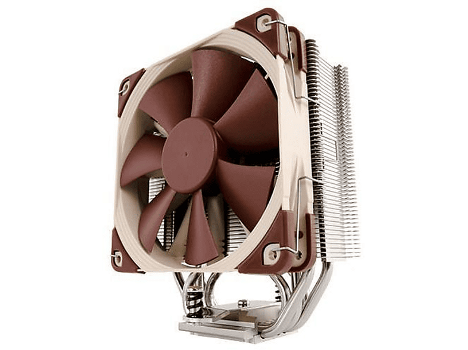 Chłodnica procesora komputera z brązowym wentylatorem i srebrnym radiatorem.