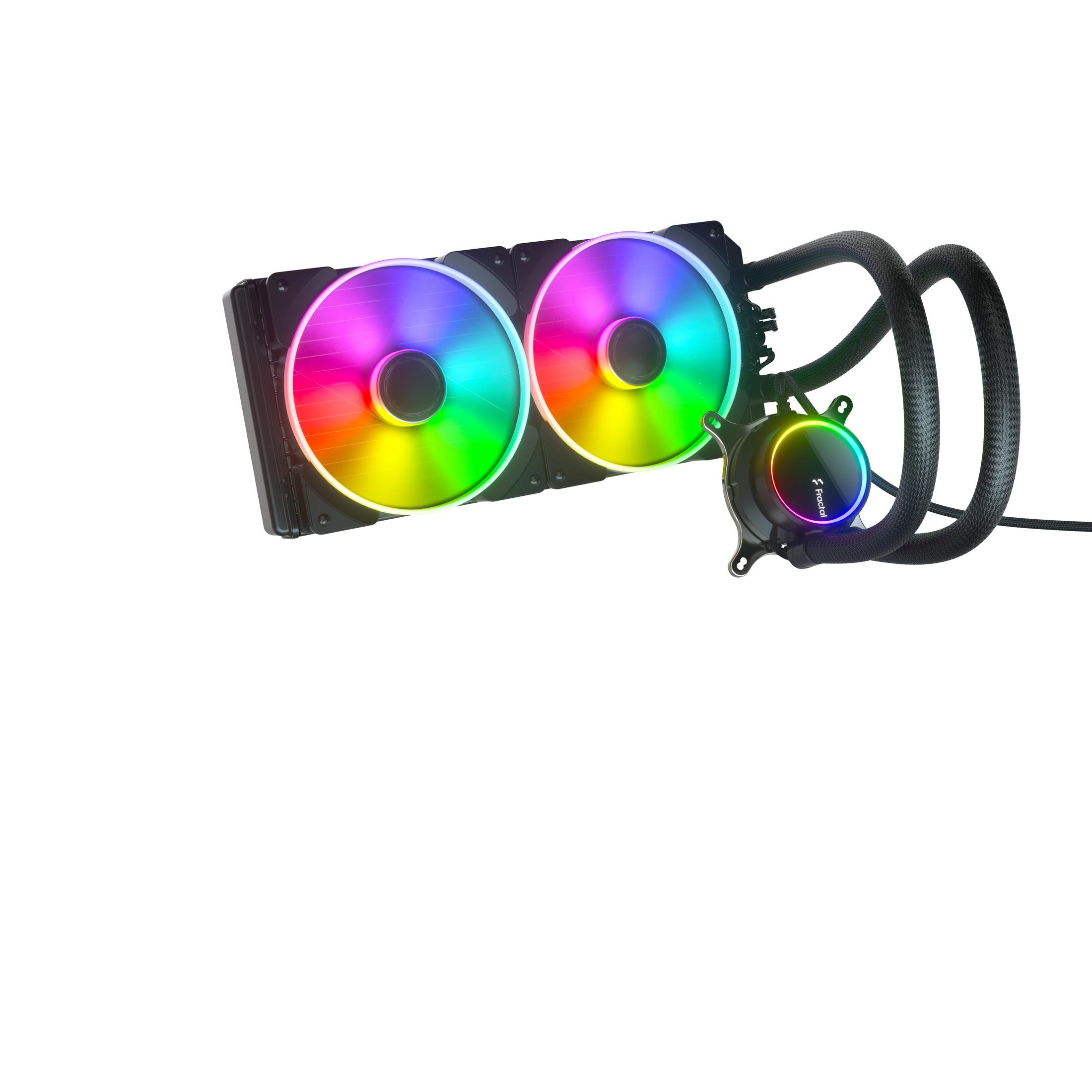 System chłodzenia cieczą z dwoma wentylatorami i pompą. Wentylatory mają tęczowe światła. Białe tło.