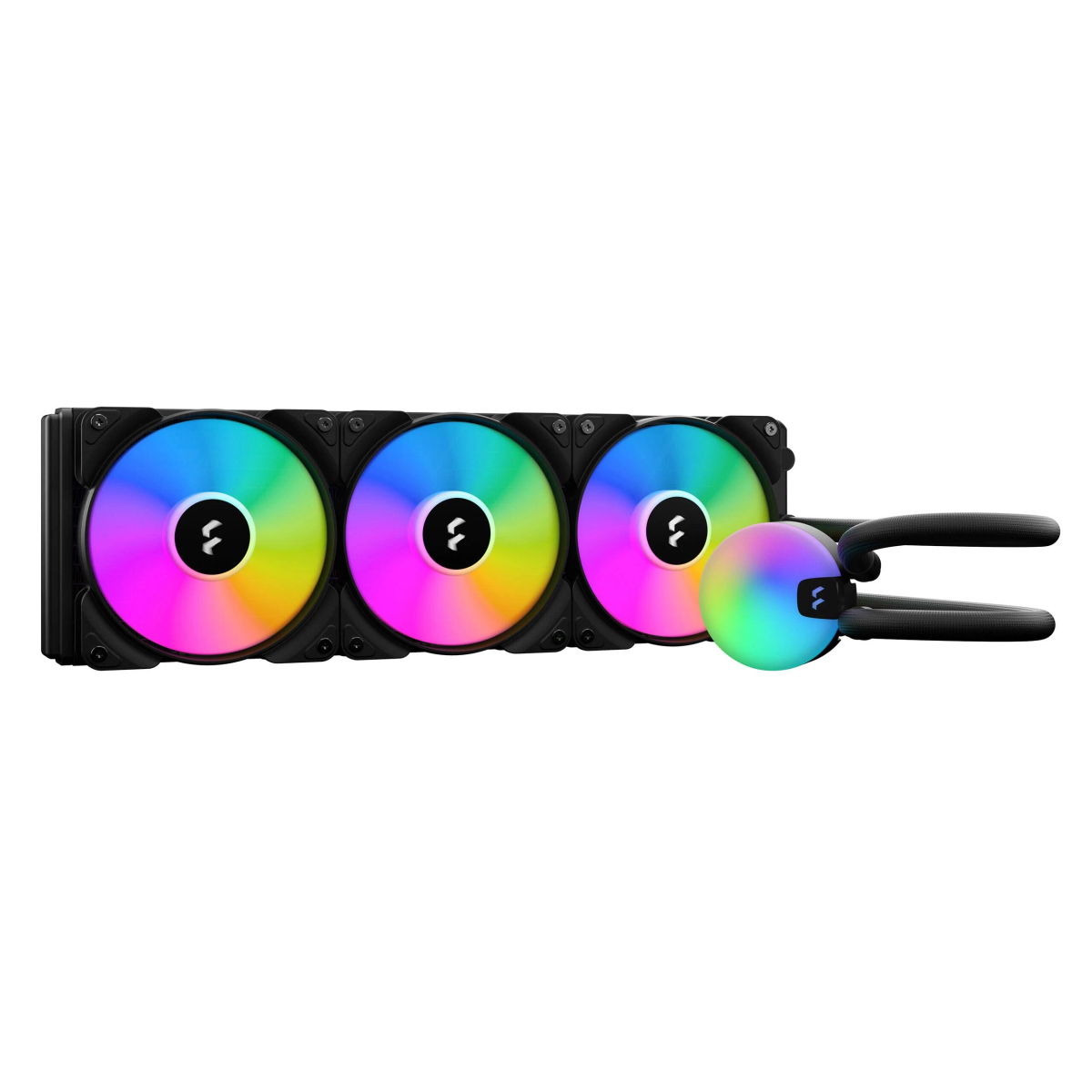Een vloeistofkoelsysteem met drie ventilatoren die regenboogkleuren uitstralen en een pomp.
