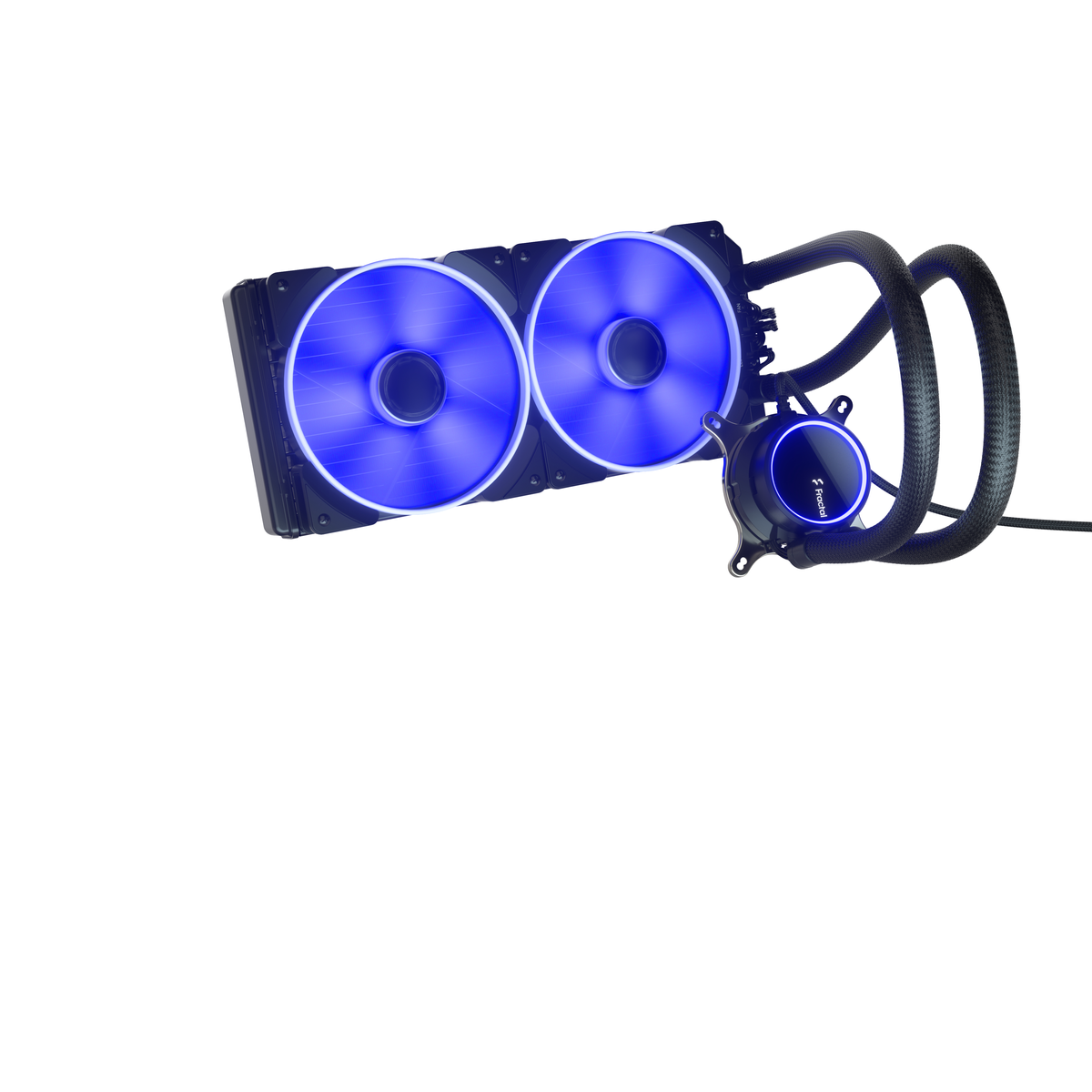 Chłodnica cieczy z niebieskimi podświetlanymi wentylatorami, czarne rury.