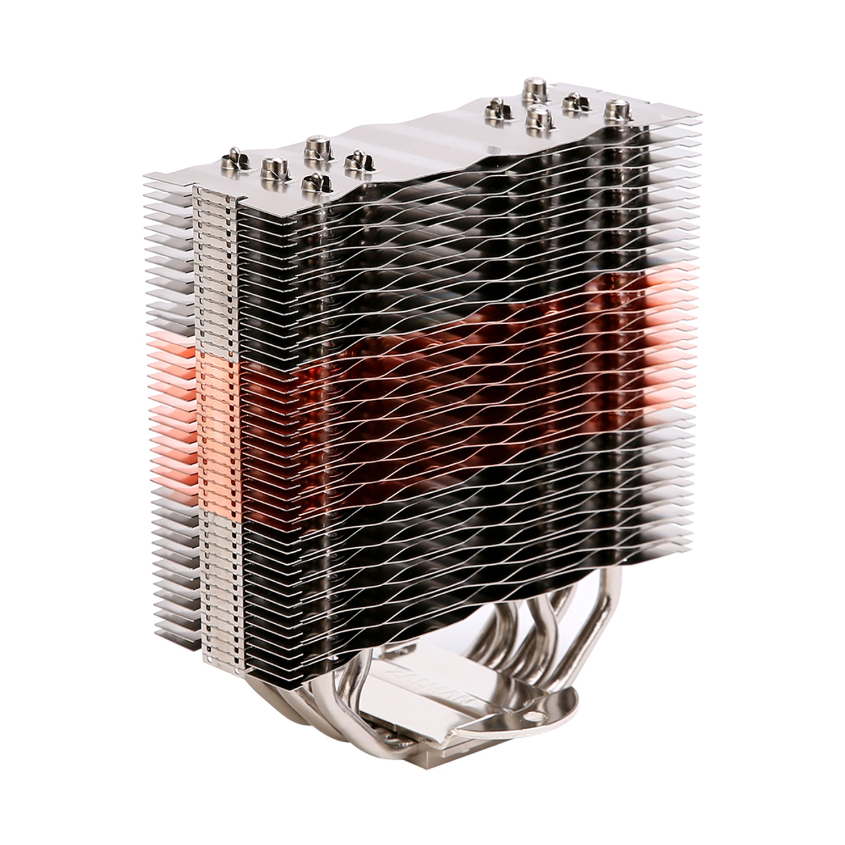 Srebrny radiator komputerowy z miedzianymi rurkami cieplnymi i czerwonymi, świecącymi żeberkami.