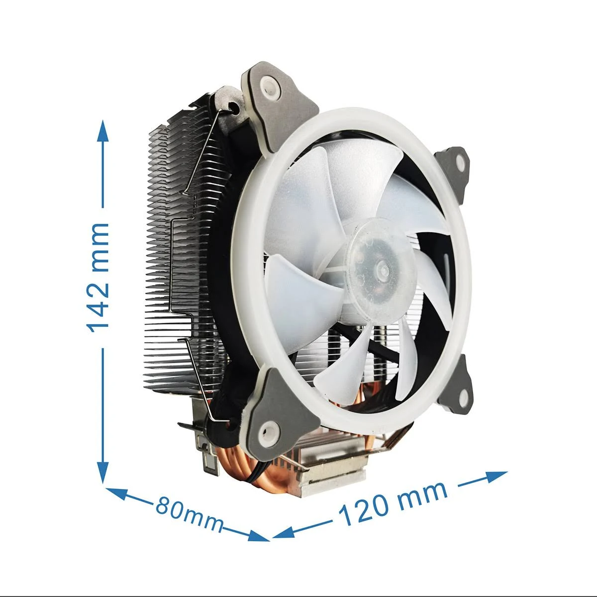 Un dissipatore per computer con ventola e dissipatore. Dimensioni: 142x80x120 mm.