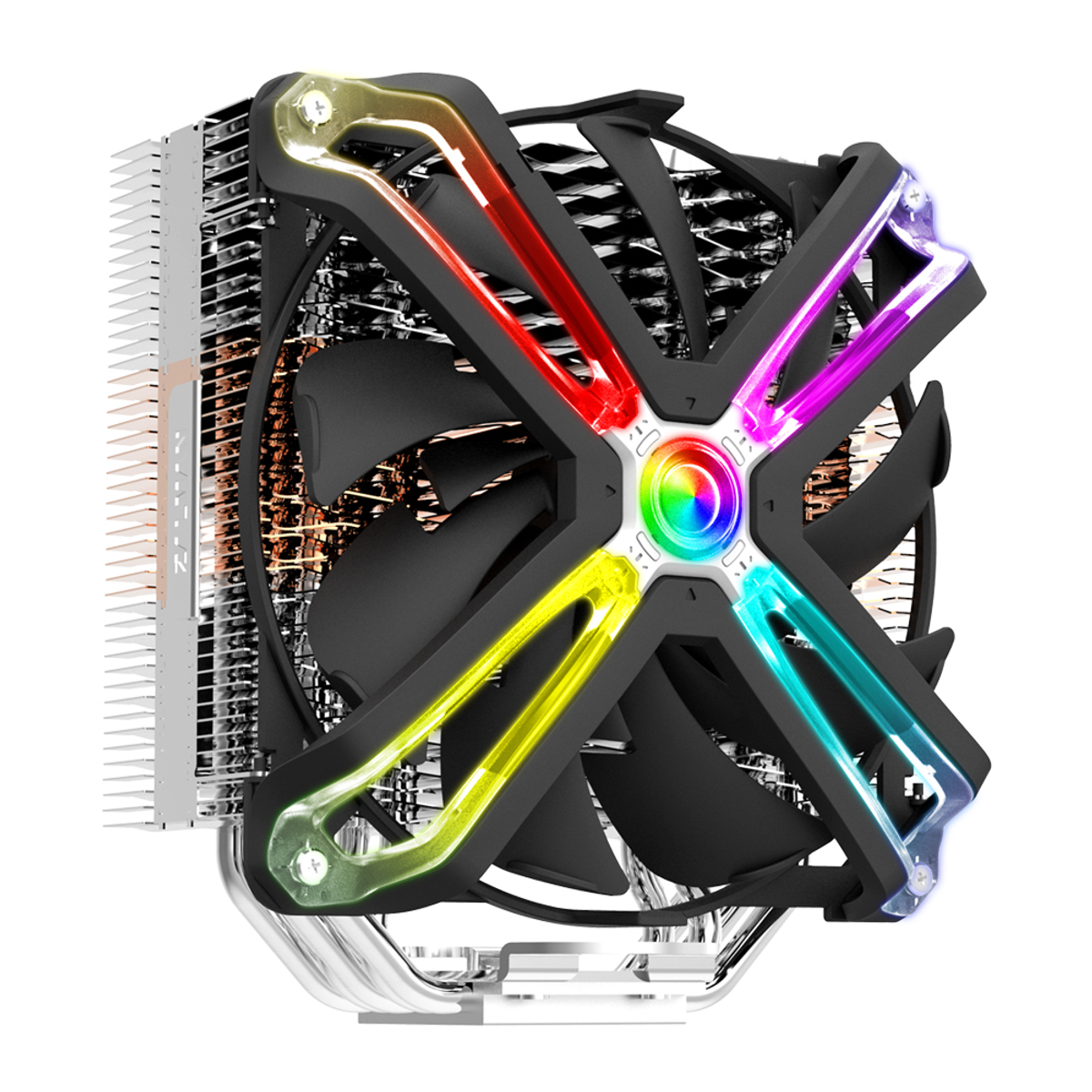 Chłodzenie CPU z wentylatorem i oświetleniem RGB w kształcie krzyża.