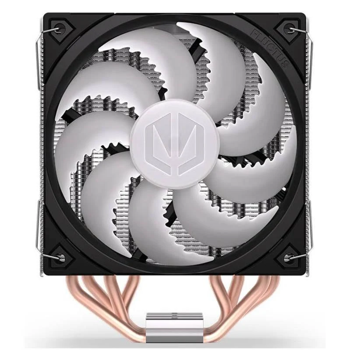 Chłodnica procesora komputera z czarną ramą, srebrnymi łopatkami wentylatora i miedzianymi rurkami cieplnymi.