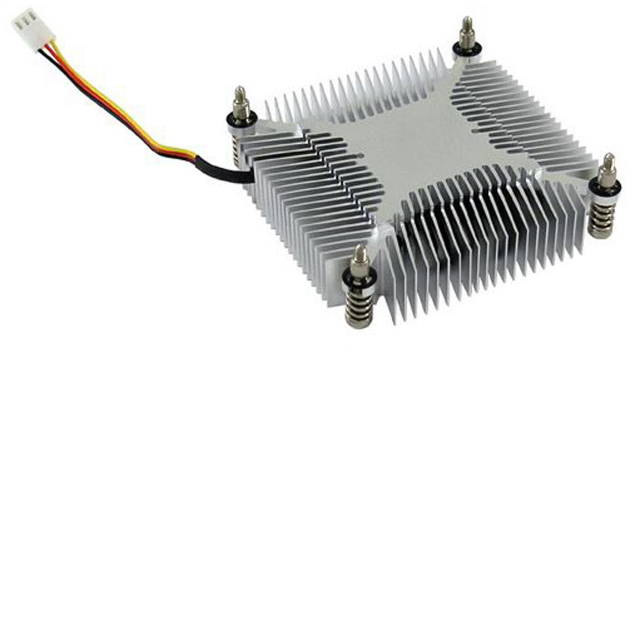A silver CPU cooler with heat fins, three mounting screws, and a multi-colored wire.