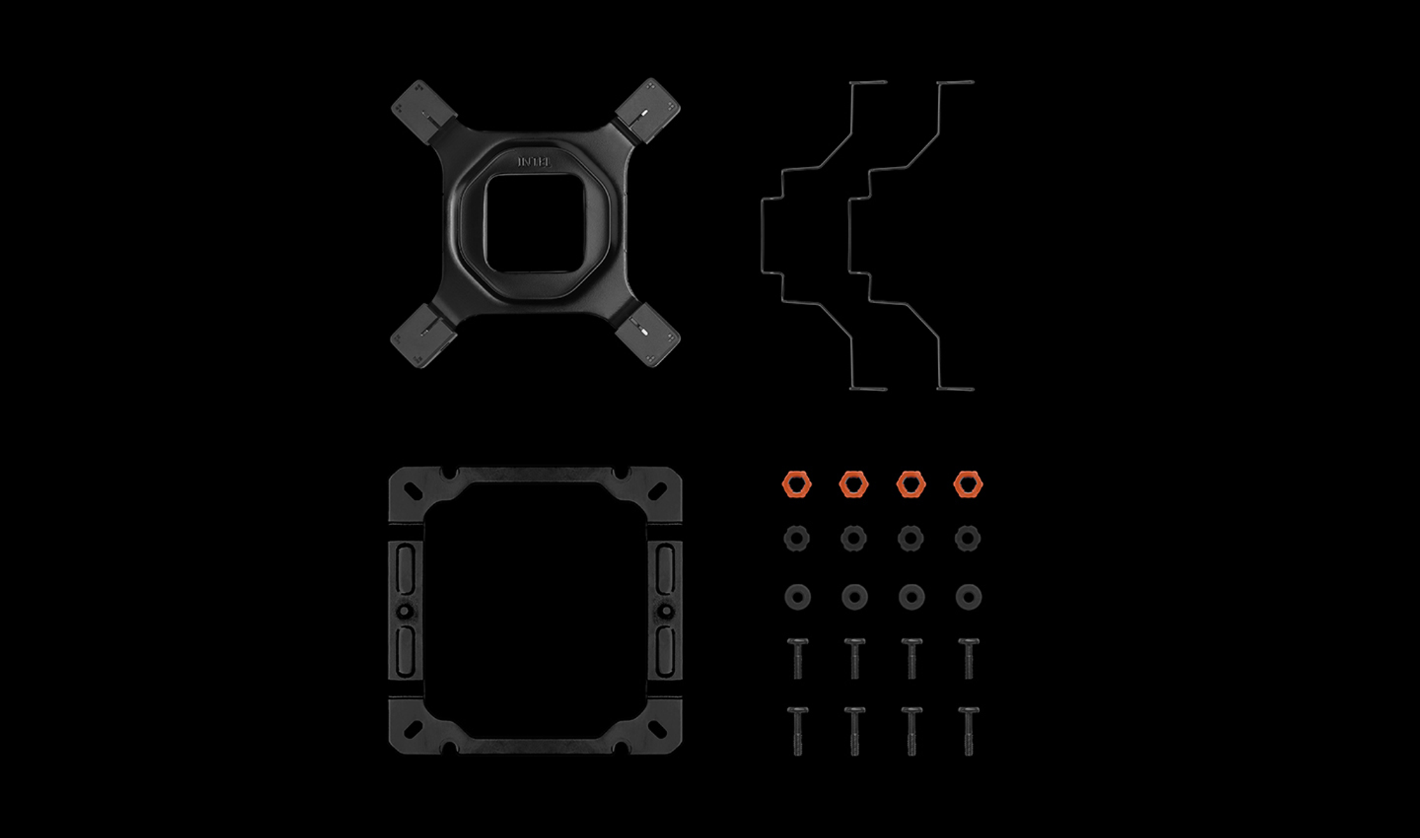 Czarne komponenty PC, w tym wspornik montażowy i śruby, izolowane na czarnym tle.