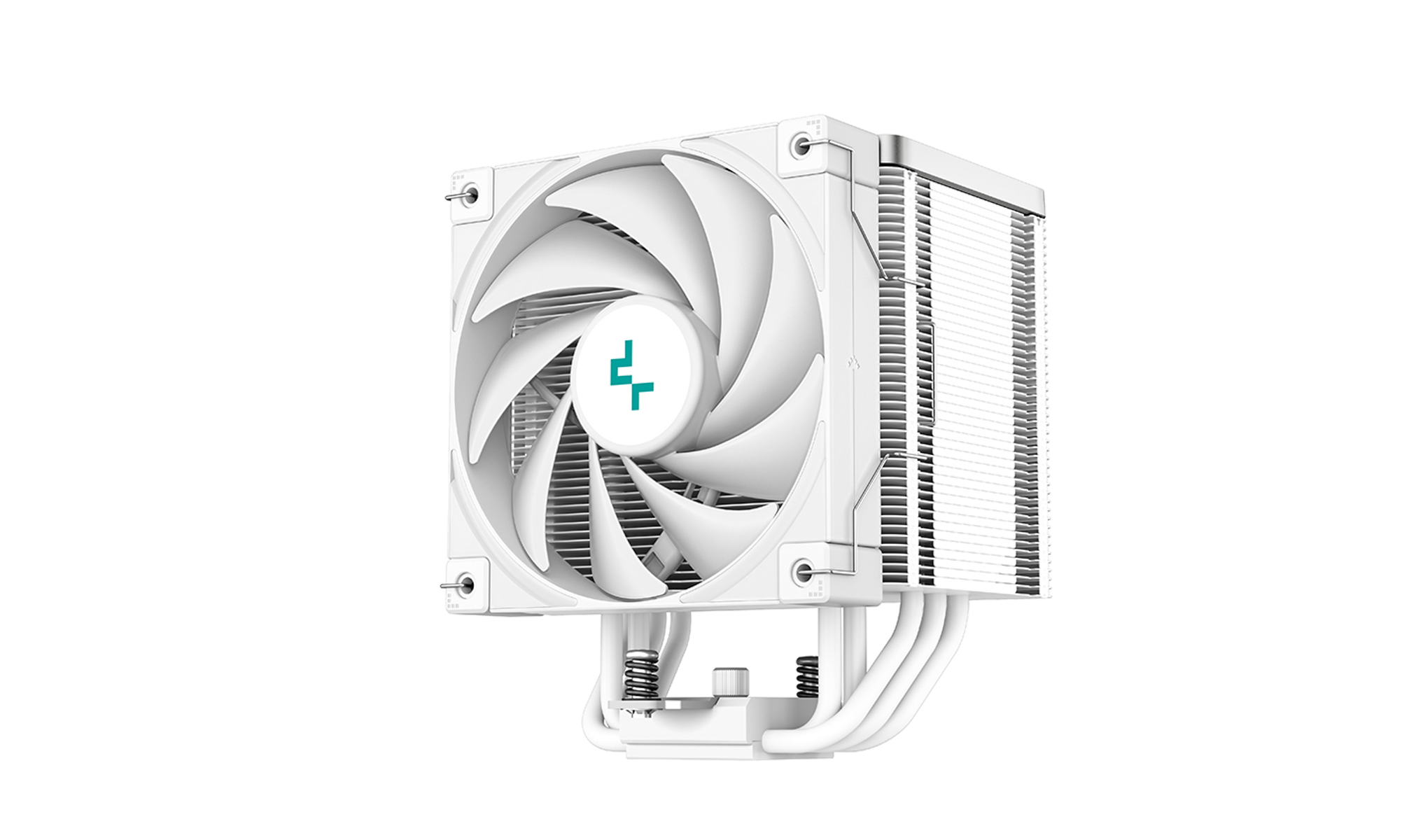 Biały wentylator chłodzenia procesora na białym tle. Ma białą plastikową konstrukcję.
