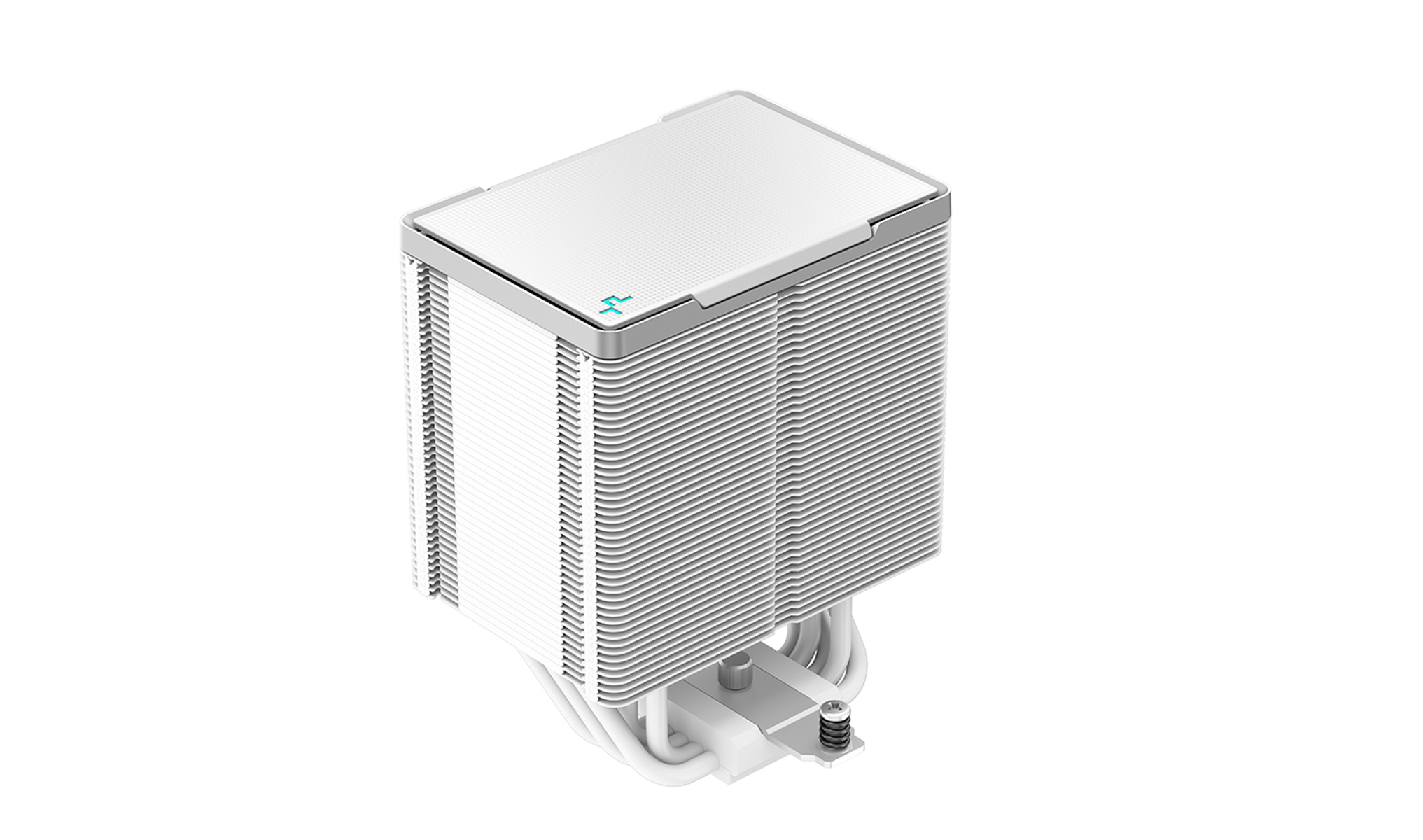 Biało-szara chłodnica procesora z wieloma żebrami i wentylatorem montowanym na górze.