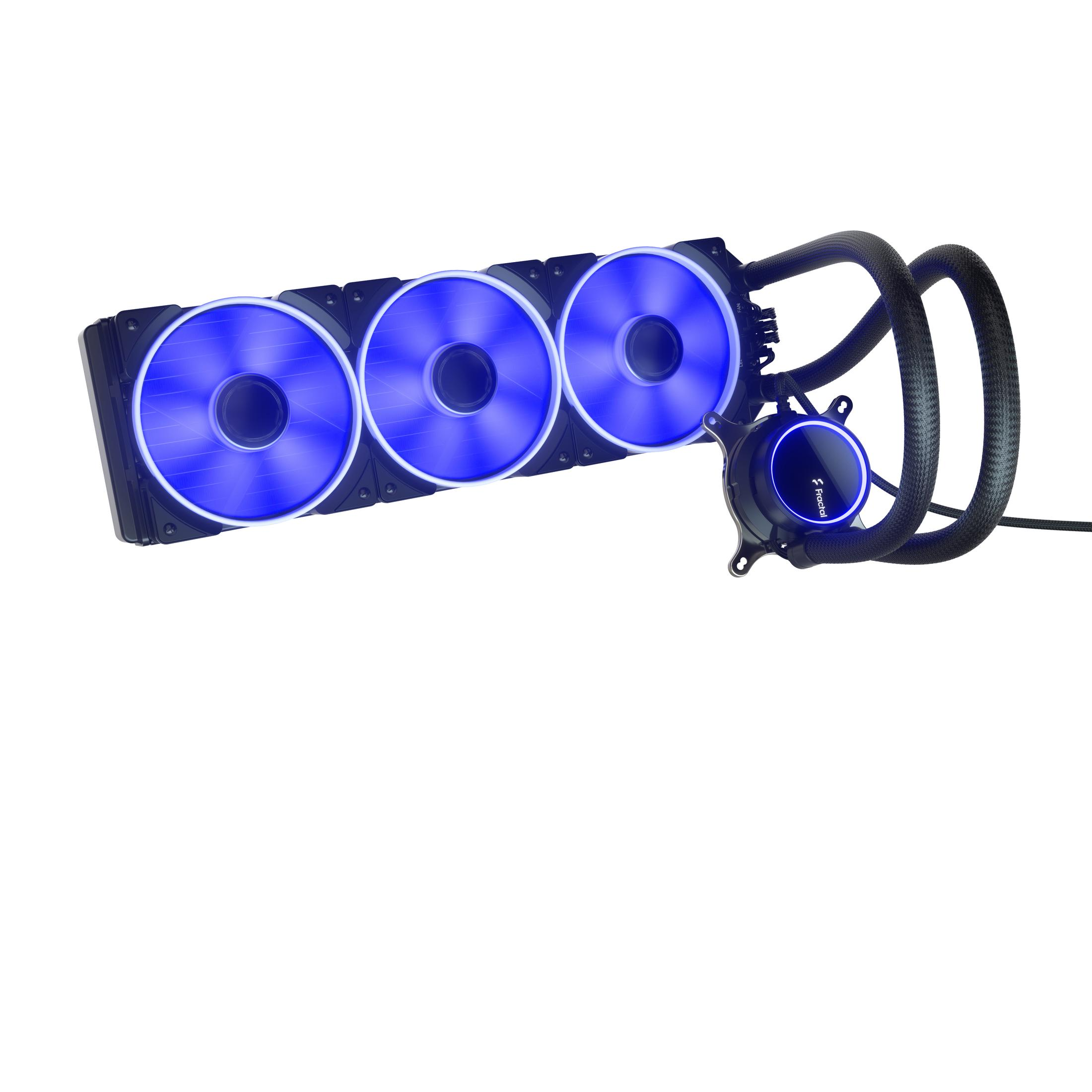 Flüssigkeitskühlsystem mit drei blau beleuchteten Lüftern und Wasserblock.