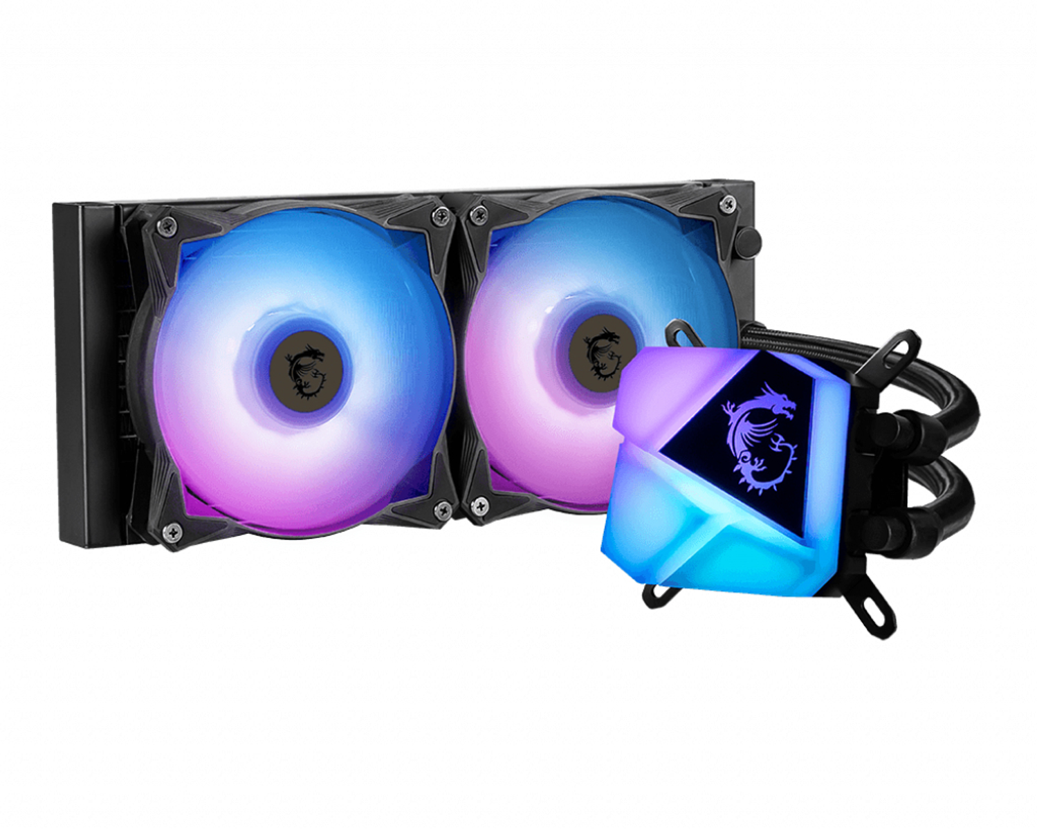 Un dissipatore a liquido per computer con due ventole e un water block con un logo del drago, illuminato di blu e viola.