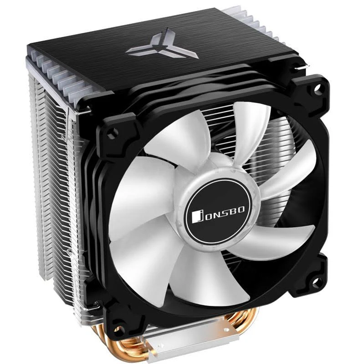 Czarny cooler CPU ze srebrnymi żeberkami i białym wentylatorem, widok z boku na białym tle.