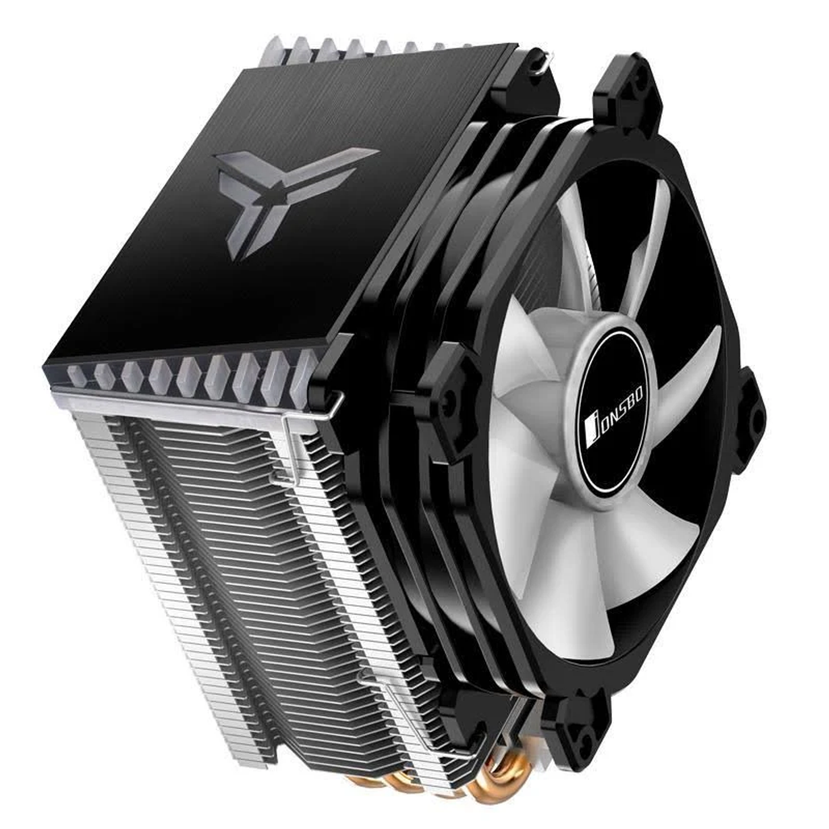 Czarny i srebrny cooler CPU z wentylatorem, ujęcie z boku, zdjęcie studyjne.
