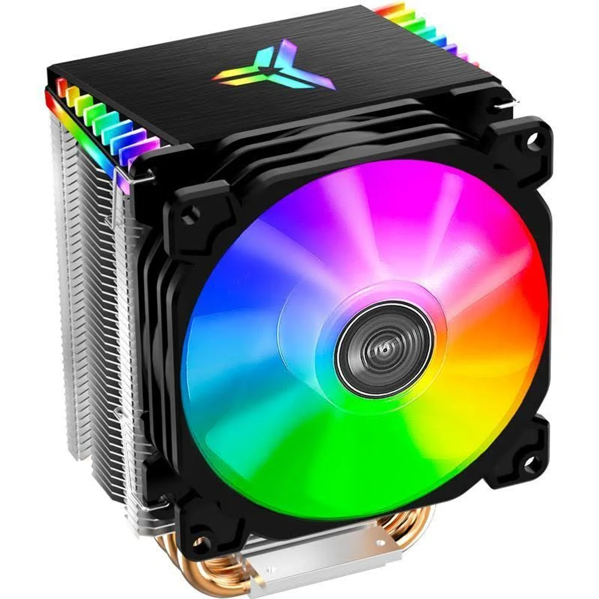 Czarny cooler CPU z tęczowym wentylatorem i srebrnymi żeberkami. Kolorowe logo na górze.