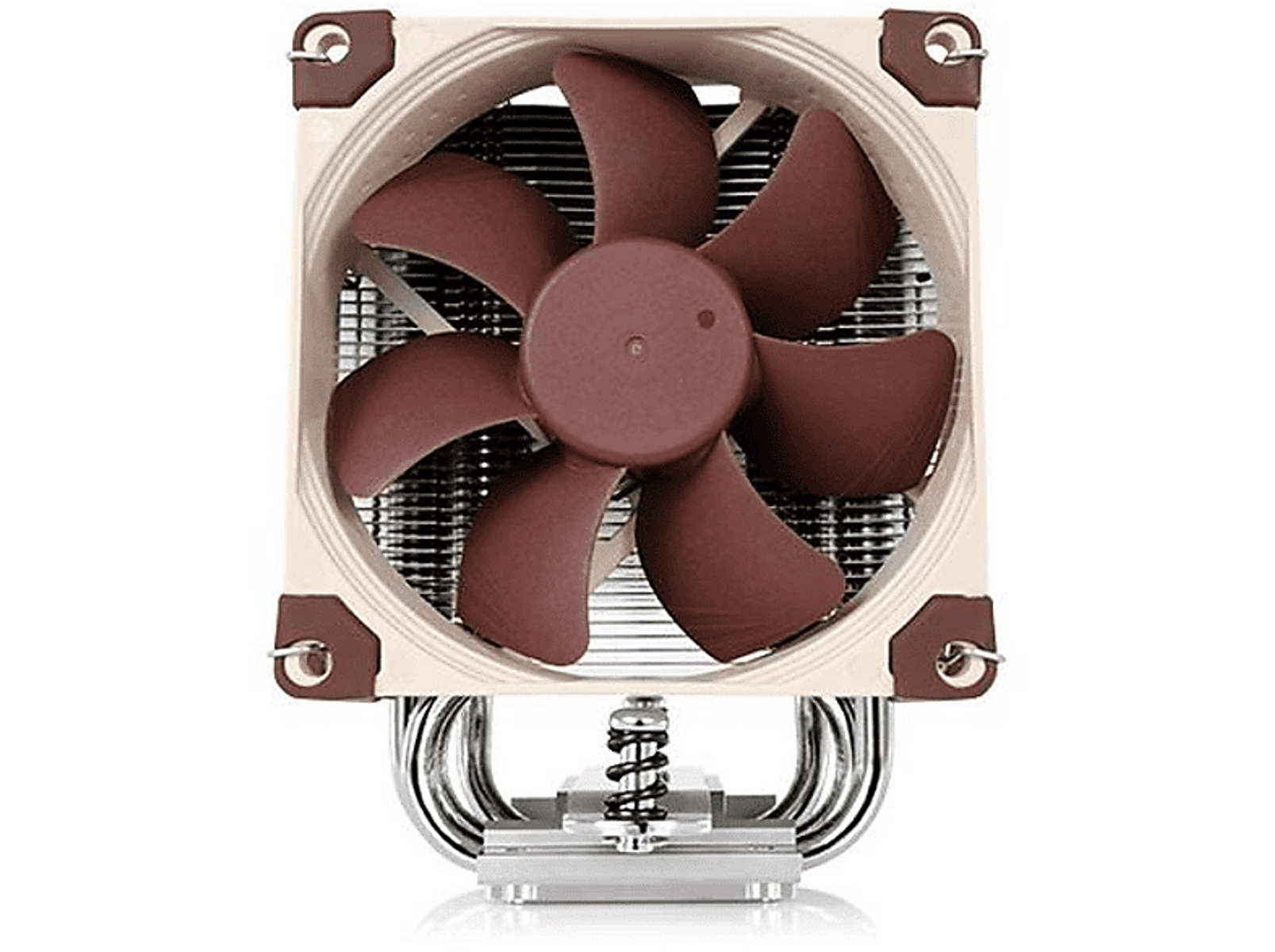 Wentylator komputerowy, z brązowymi łopatkami i radiatorem. Widok z góry, na czarnym tle.