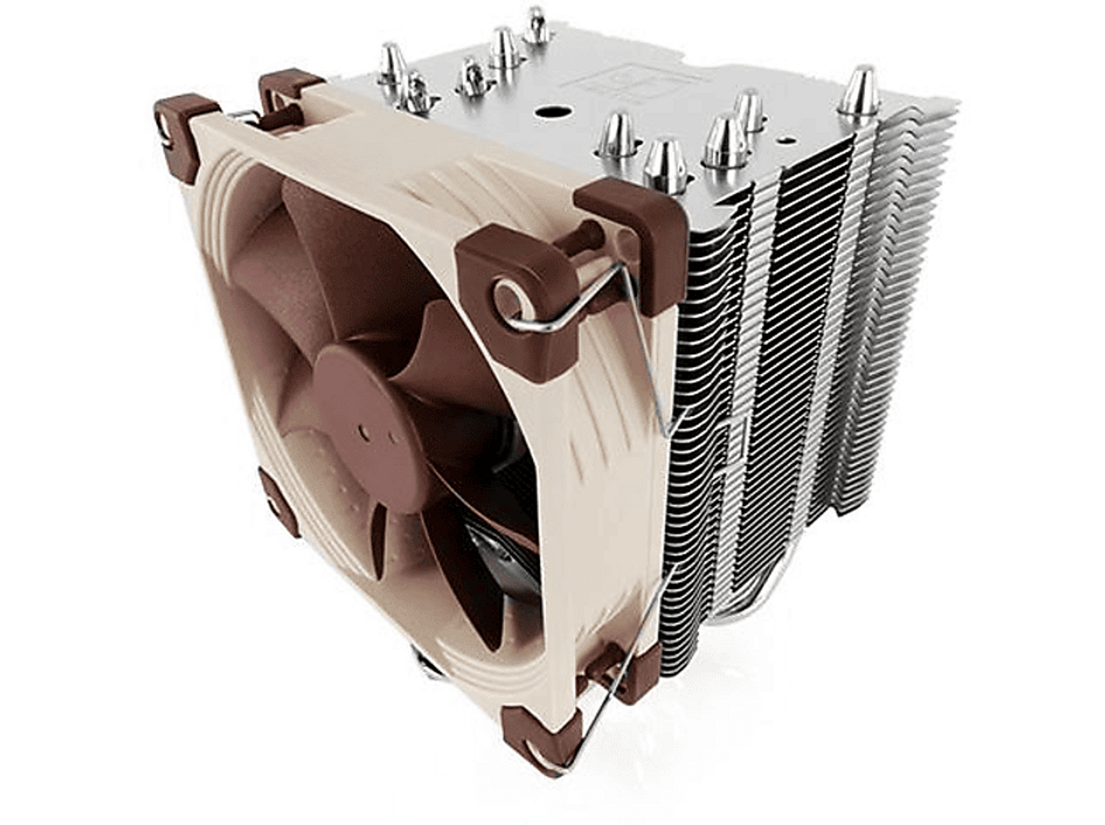 Wentylator komputerowy z brązowym śmigłem i srebrnym radiatorem, na ciemnym tle.