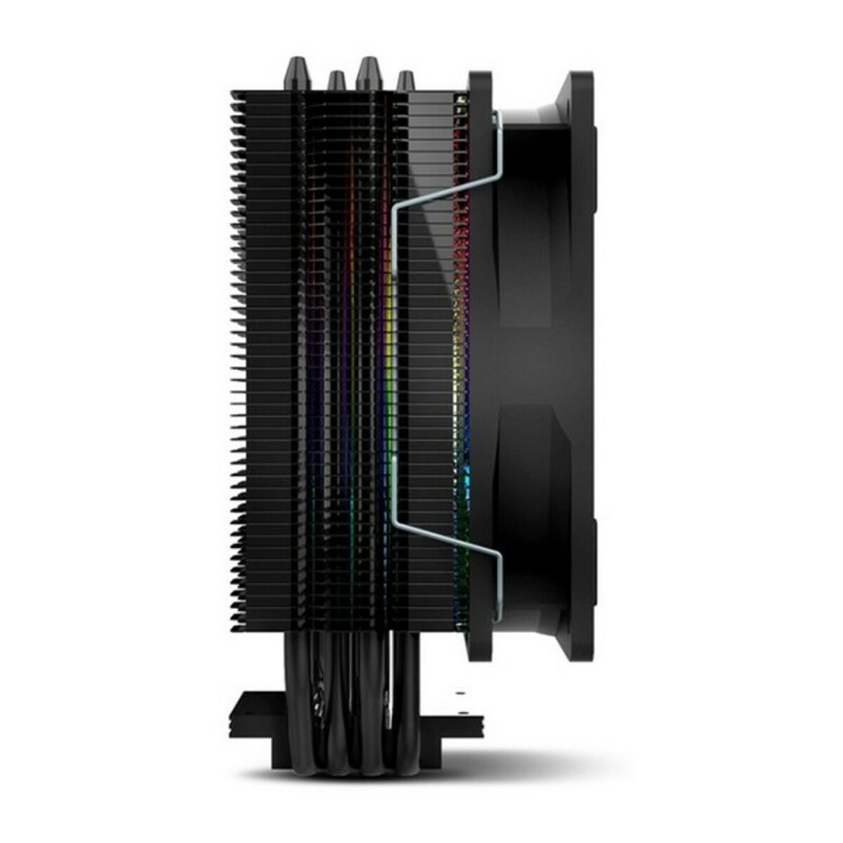 Zwarte CPU-koeler met zwarte vinnen en twee ventilatoren. De vinnen hebben gekleurde lichten.