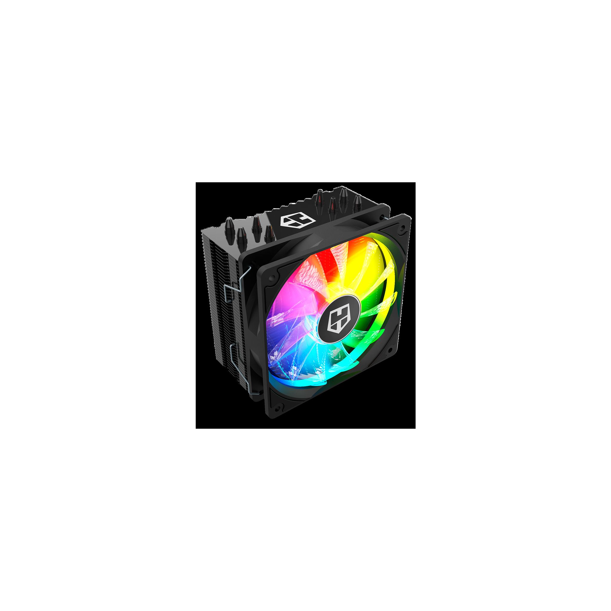 Een zwarte pc-ventilator met regenbooglichten. Witte achtergrond.