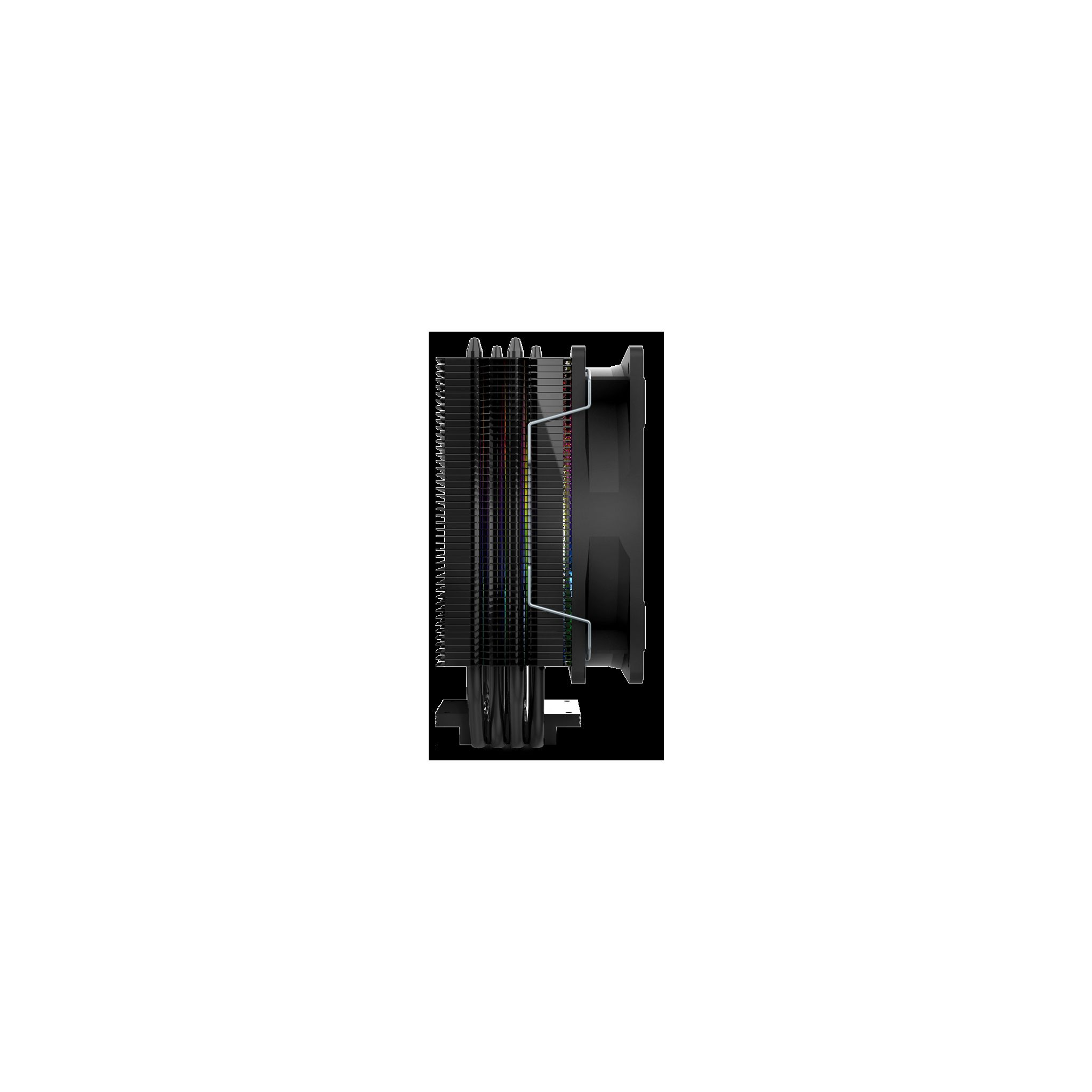 Een zwarte CPU-koeler met koelribben. De zijaanzicht toont de lamellen en het frame van de ventilator.