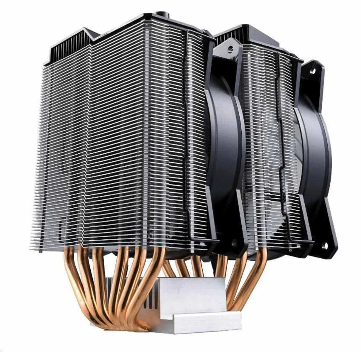 Chłodzenie CPU z dwoma wentylatorami i miedzianymi rurkami, wieloma żeberkami. Widok z perspektywy.