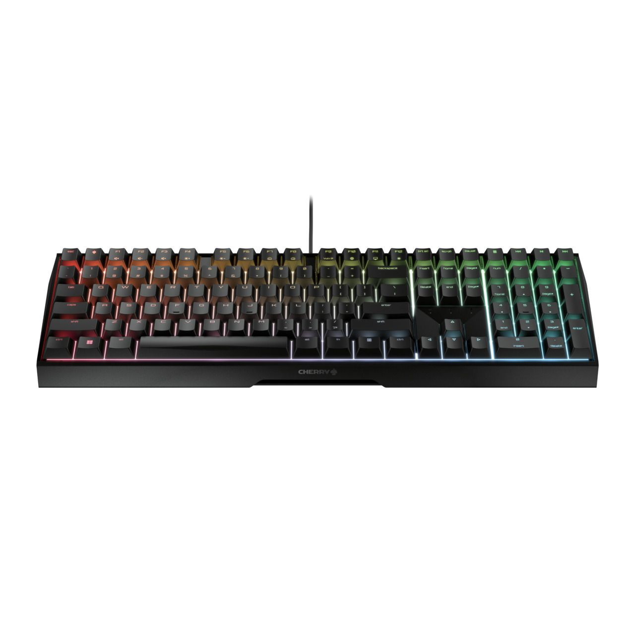 Czarna klawiatura Cherry z wielokolorowymi klawiszami, połączeniem przewodowym i czarną ramką.