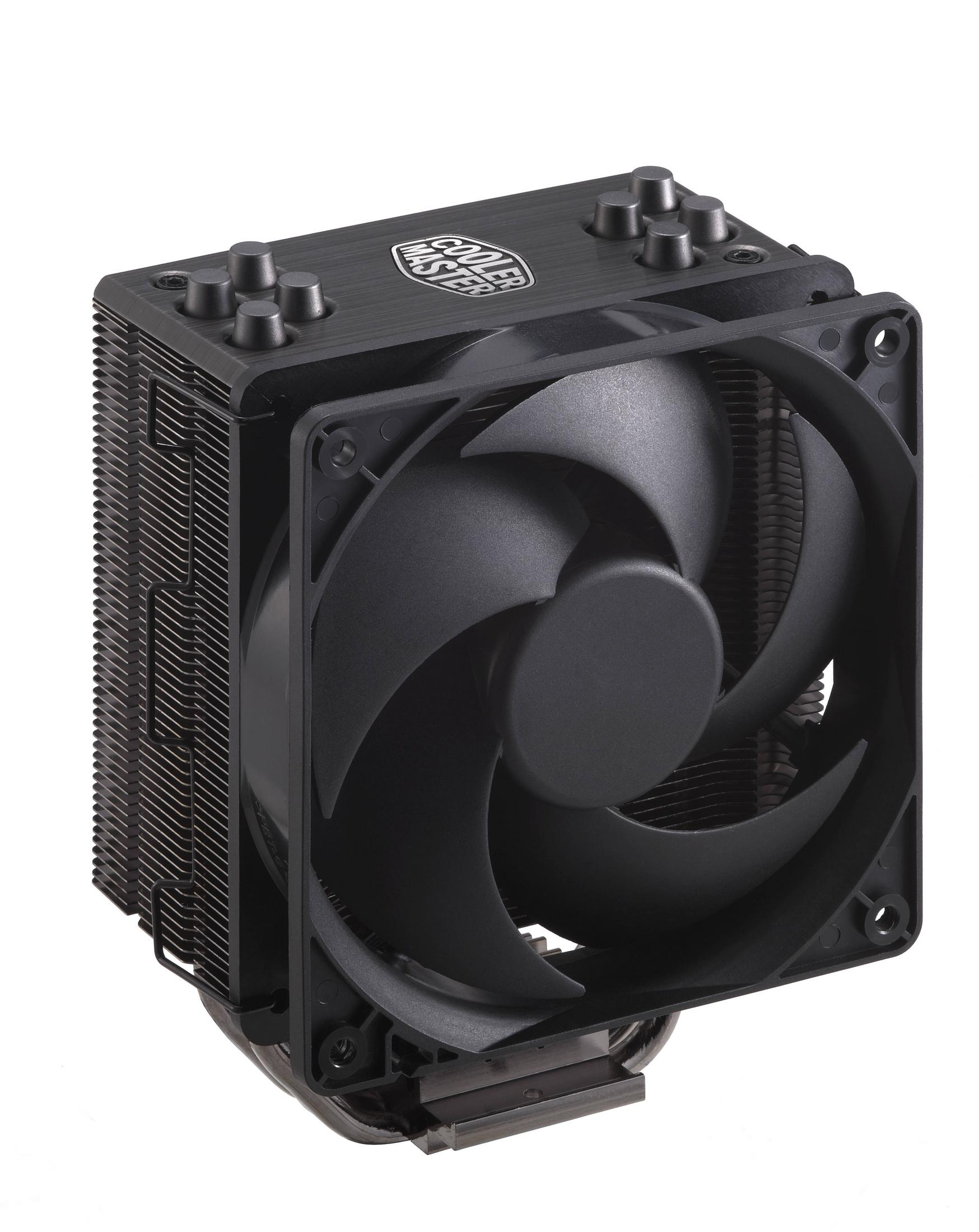 Schwarzer CPU-Kühler mit Lüfter, Kühlrippen und dem Cooler Master Logo.