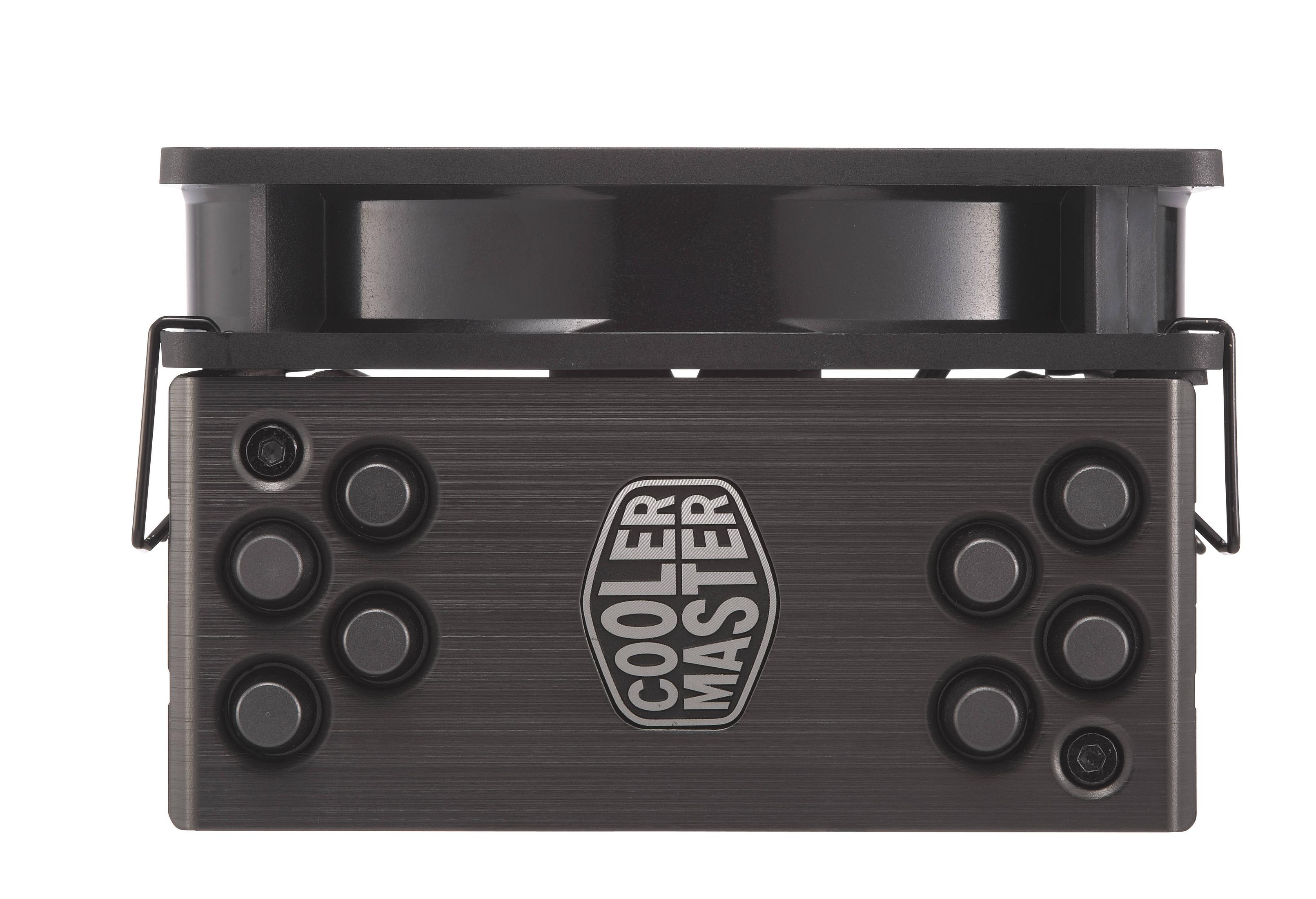 Schwarzer Computer-Kühler mit Lüfter oben. Cooler Master Logo auf der Oberfläche.