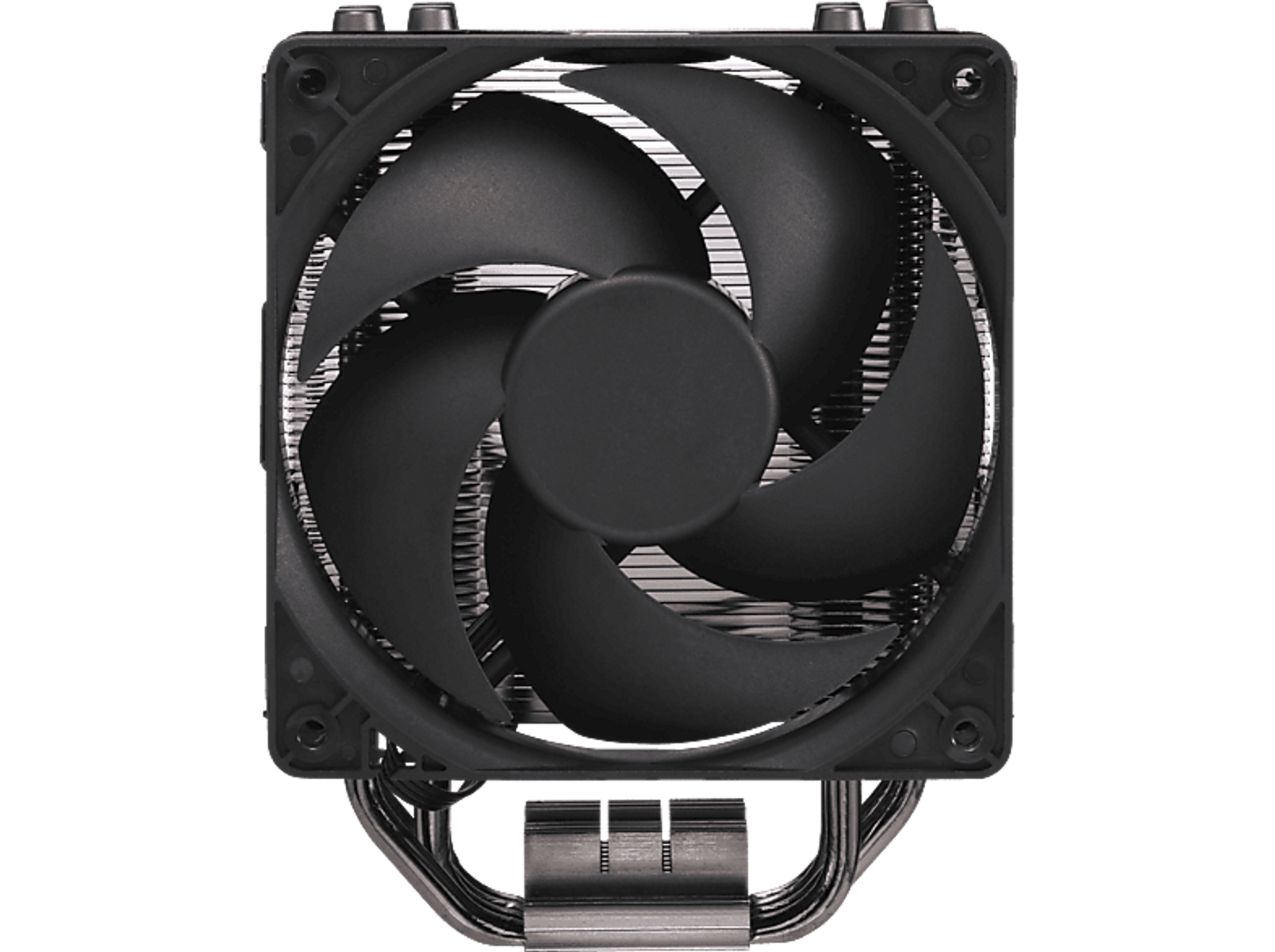 Schwarzer CPU-Kühler mit einem schwarzen Lüfter. Der Lüfter hat 4 Blätter.