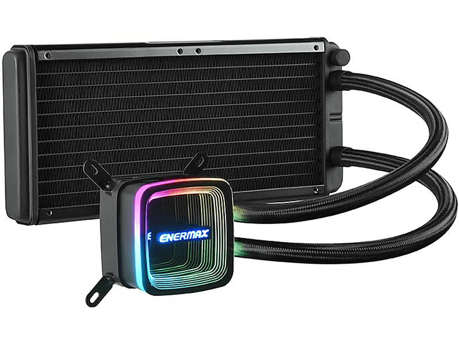 Sistema di raffreddamento a liquido nero con illuminazione RGB. Sfondo nero.