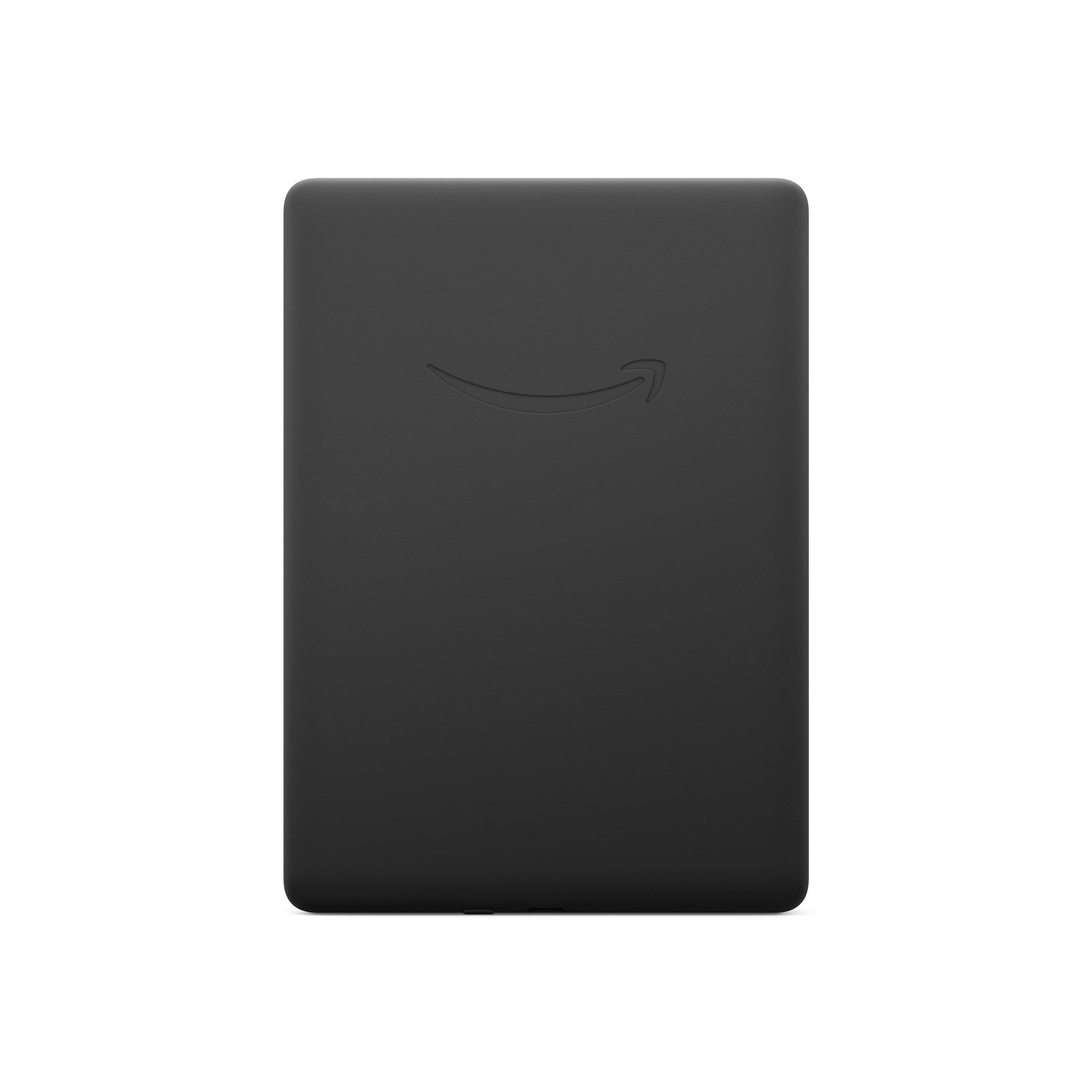 Ein schwarzes Amazon Kindle mit dem Amazon-Logo auf der Rückseite.