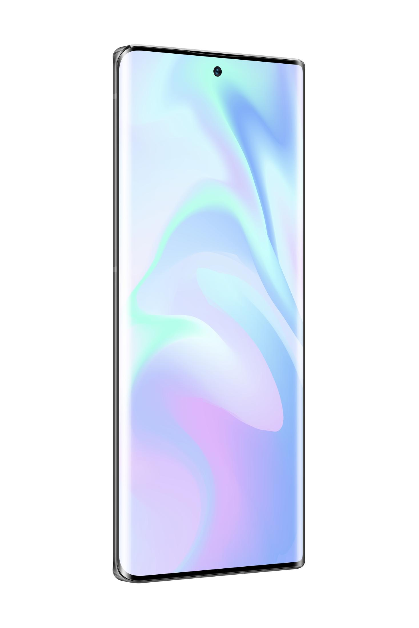 Ein Smartphone mit gebogenem Bildschirm. Das Telefon wird hochgehalten. Es zeigt einen blau-lila Hintergrund.