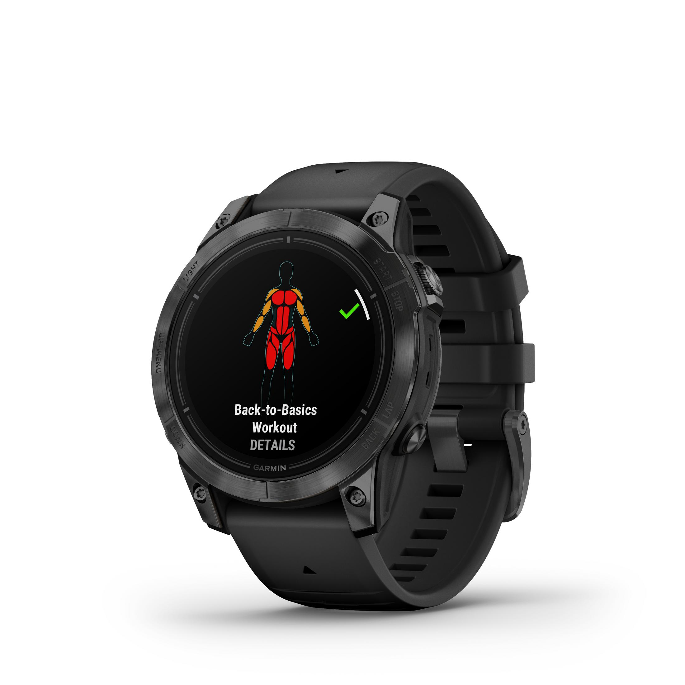 Schwarze Smartwatch mit Workout-Details auf dem Bildschirm. Hat ein schwarzes Armband und einen weißen Hintergrund.