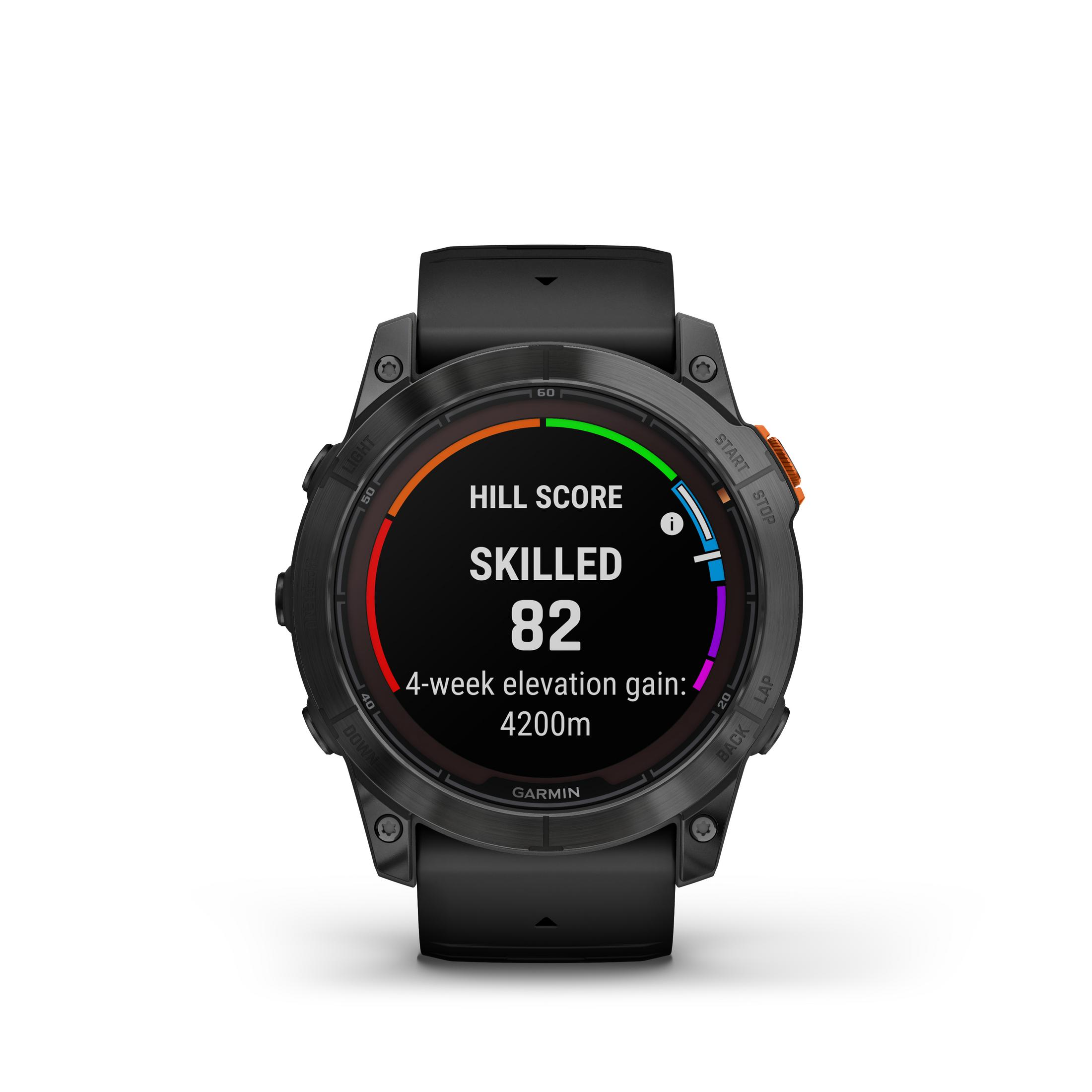 Zwarte smartwatch met 'HILL SCORE', statistieken en een kleurrijk diagram.
