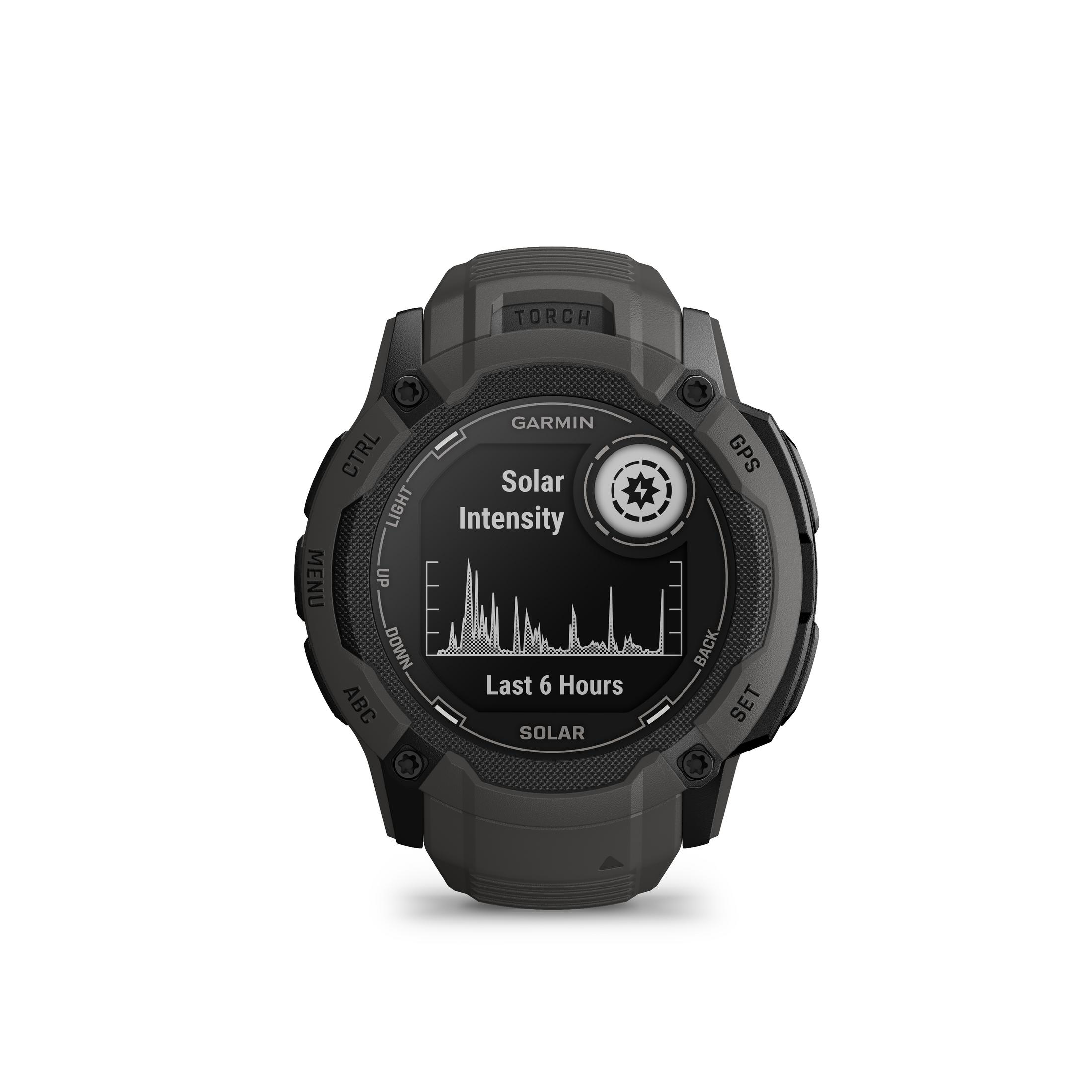 Czarny smartwatch Garmin, wyświetlający dane o intensywności słonecznej, na białym tle.