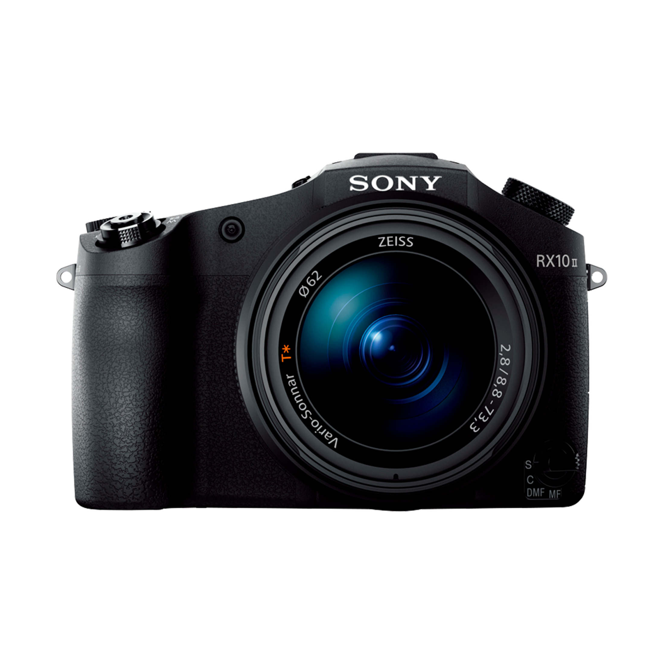 Schwarze Sony RX10 II Kamera mit großem Objektiv. Die Kamera befindet sich auf weißem Hintergrund, das Objektiv zeigt zum Betrachter.