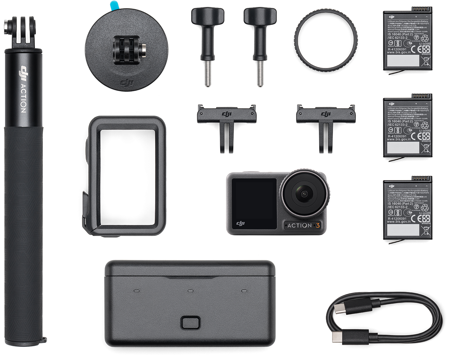 Zestaw kamery sportowej, w tym kamera, baterie i różne akcesoria montażowe.